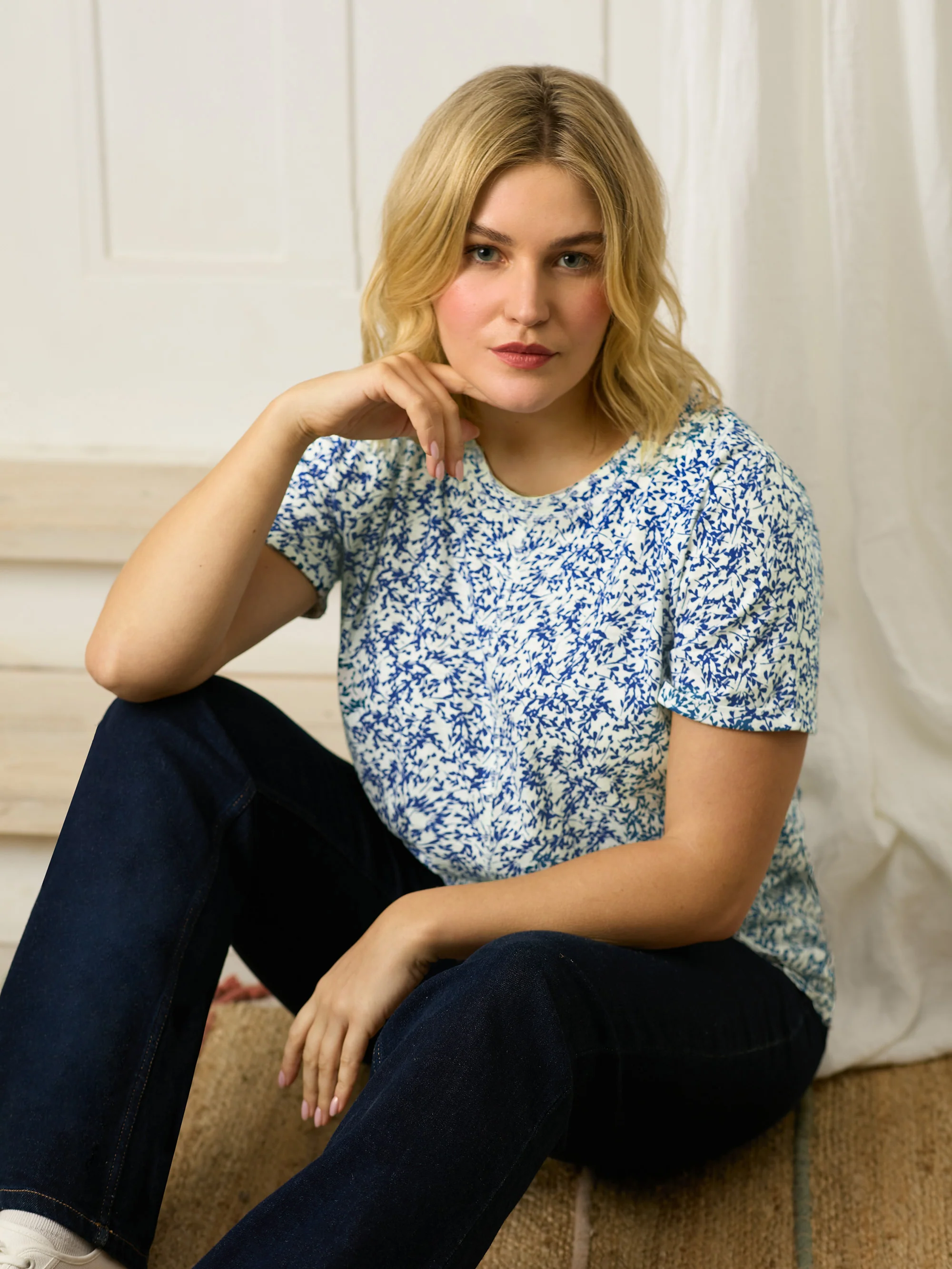 Navy Print Cotton Slub Round Neck T-Shirt - Image 2
