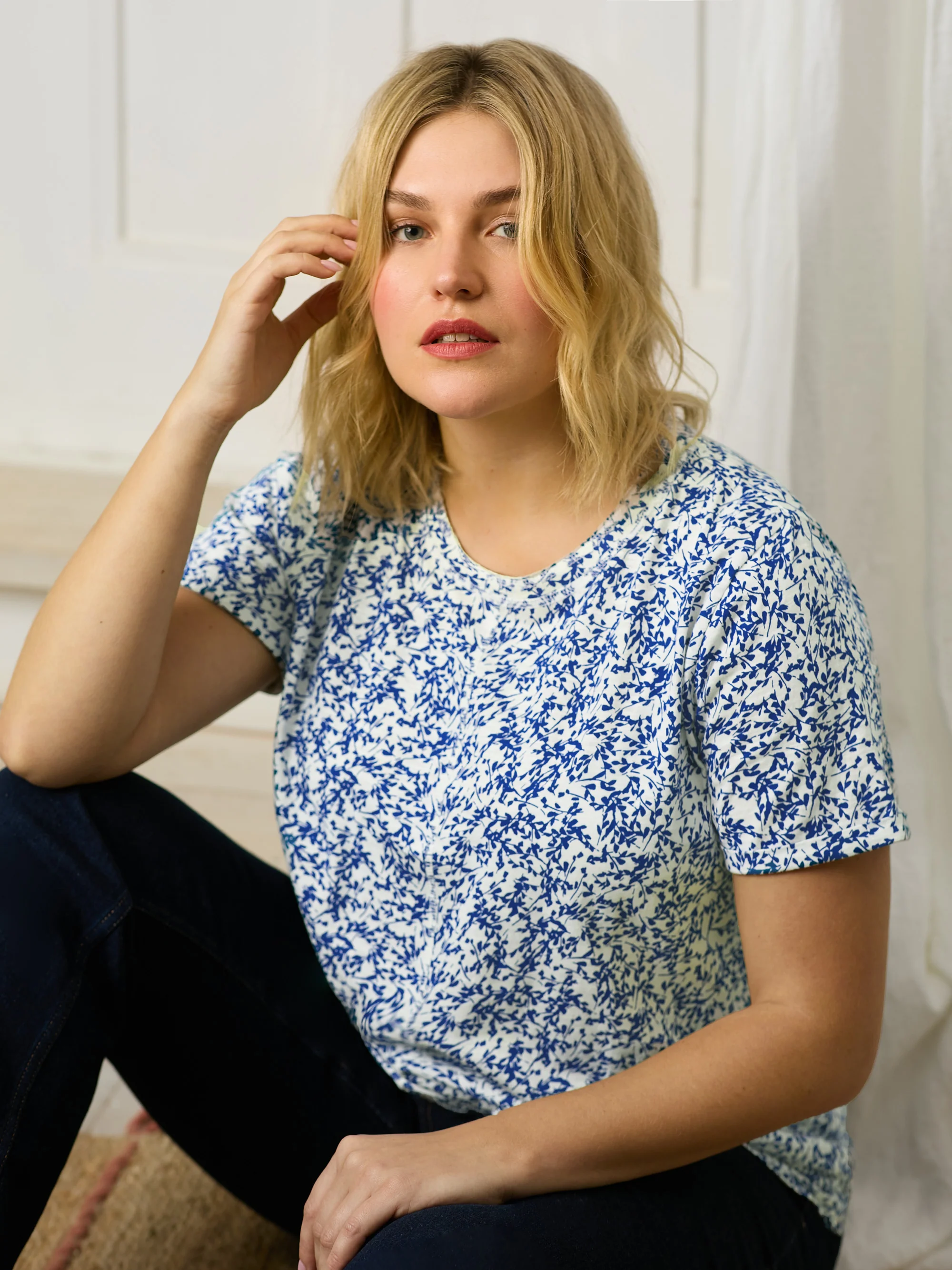 Navy Print Cotton Slub Round Neck T-Shirt - Image 3