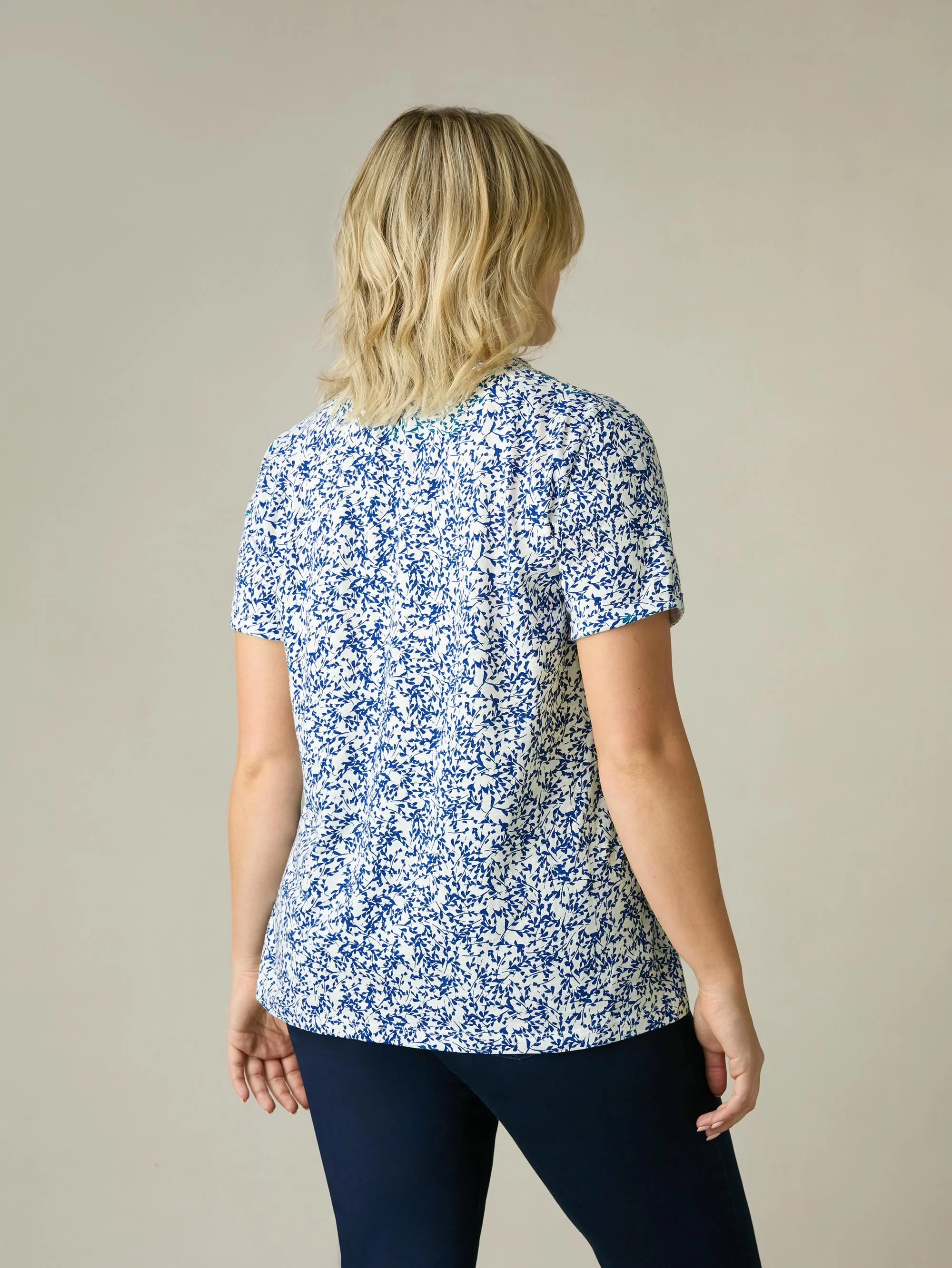 Navy Print Cotton Slub Round Neck T-Shirt - Image 7