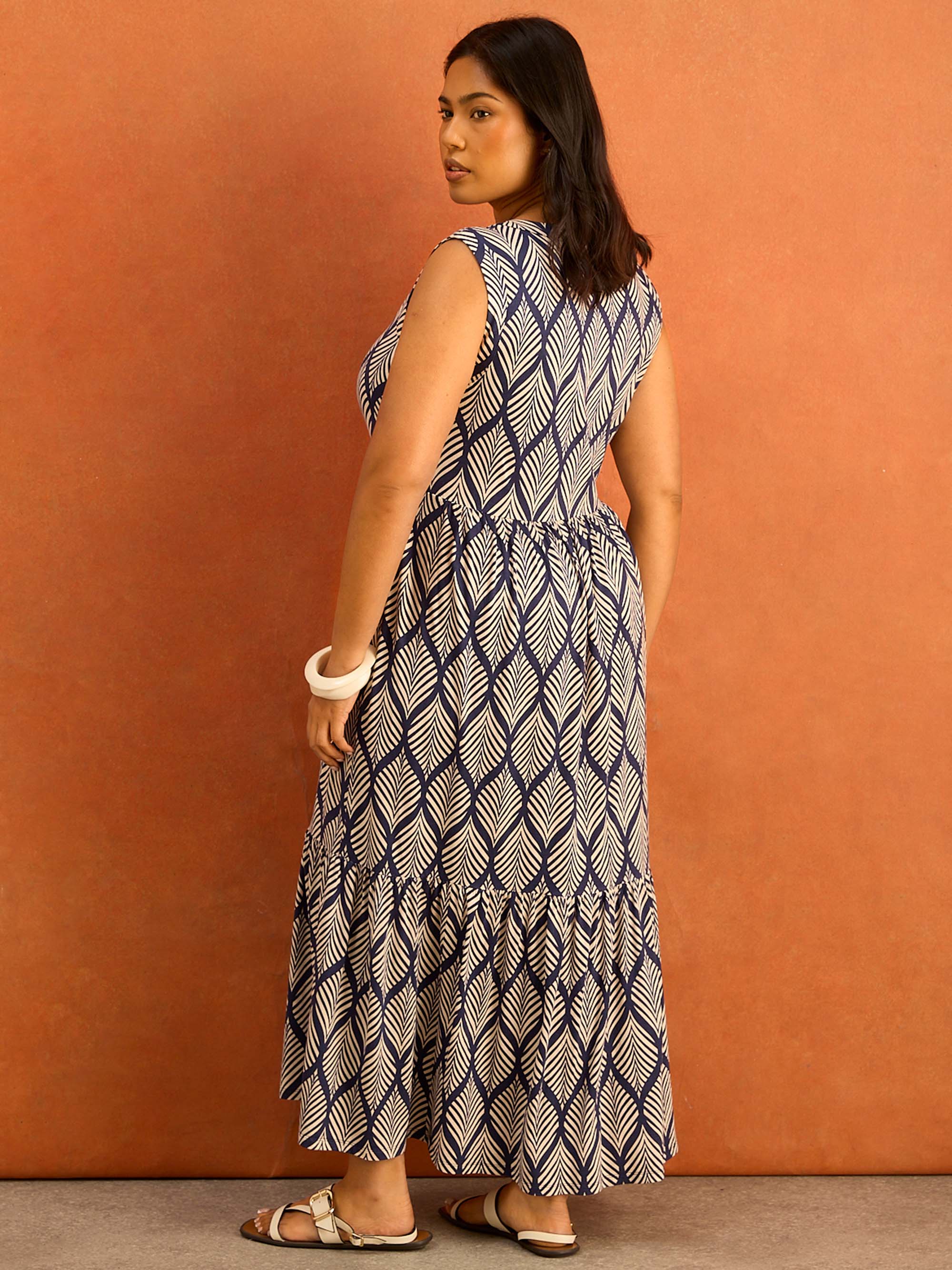 Navy Print Nehru Collar Tiered Jersey Maxi Dress - Image 4