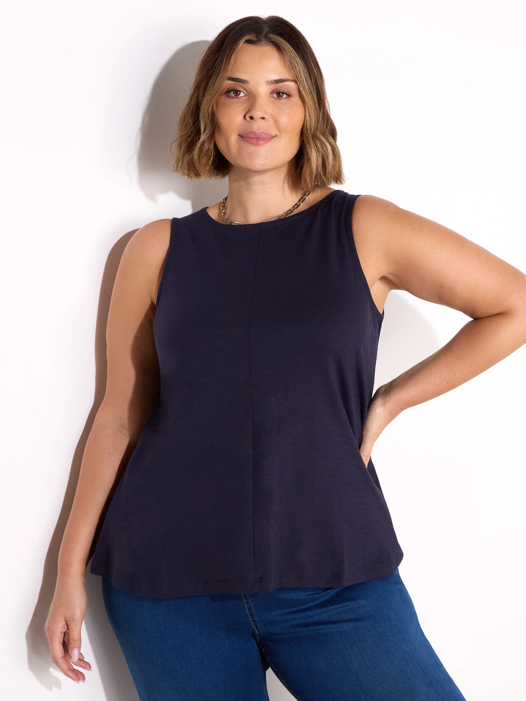 Navy Round Cotton Slub Neck Vest - Image 3
