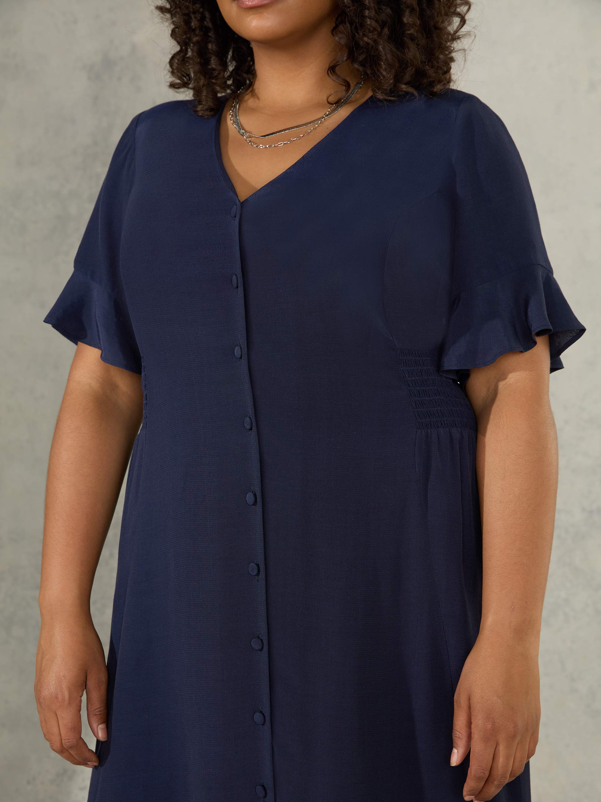 Navy Shirred Waist Midi Dress - Image 3