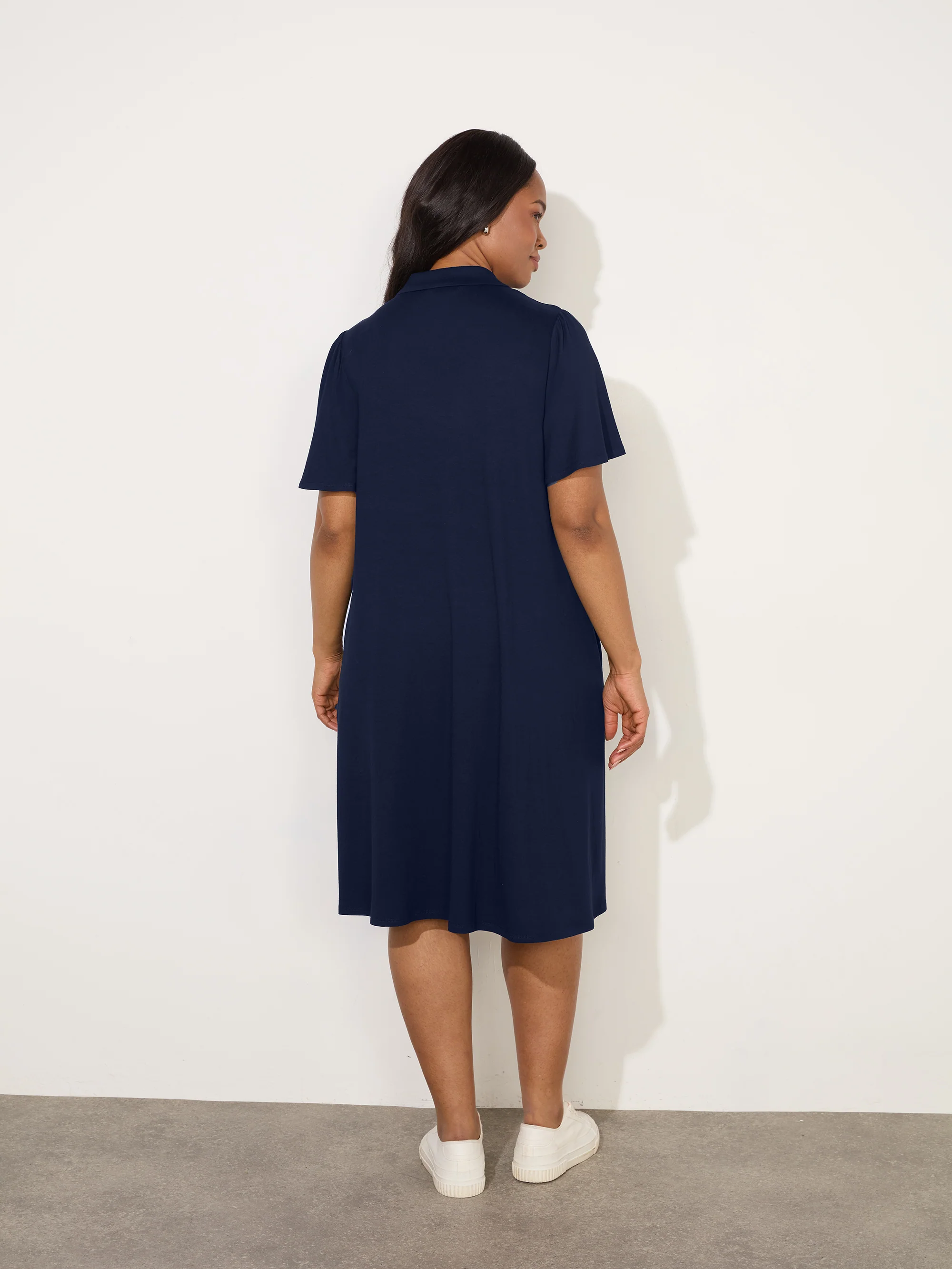 Navy Jersey Flutter Sleeve Shirt Dress - Image 3