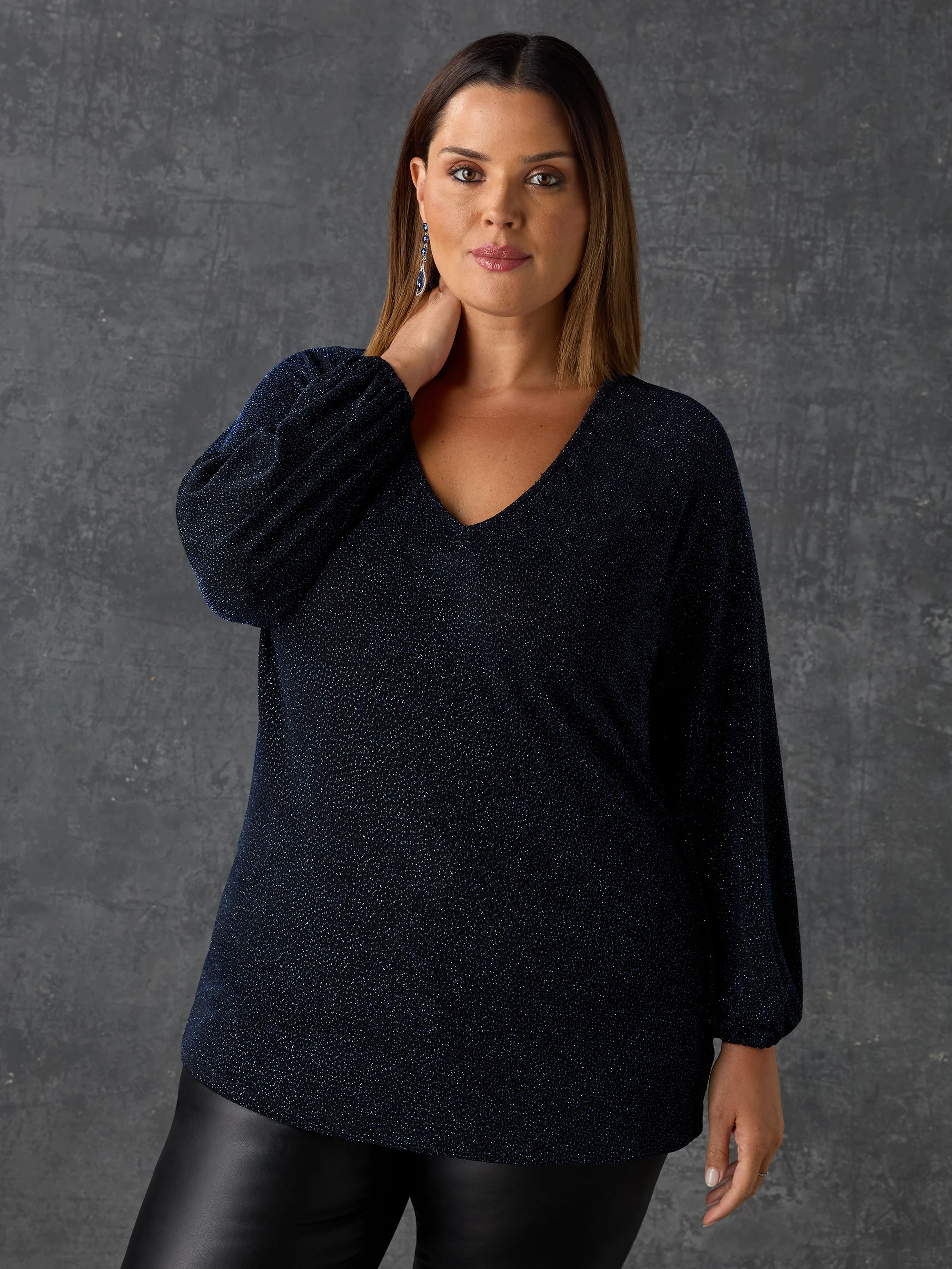 Navy Sparkle Jersey V-Neck Top - Image 2