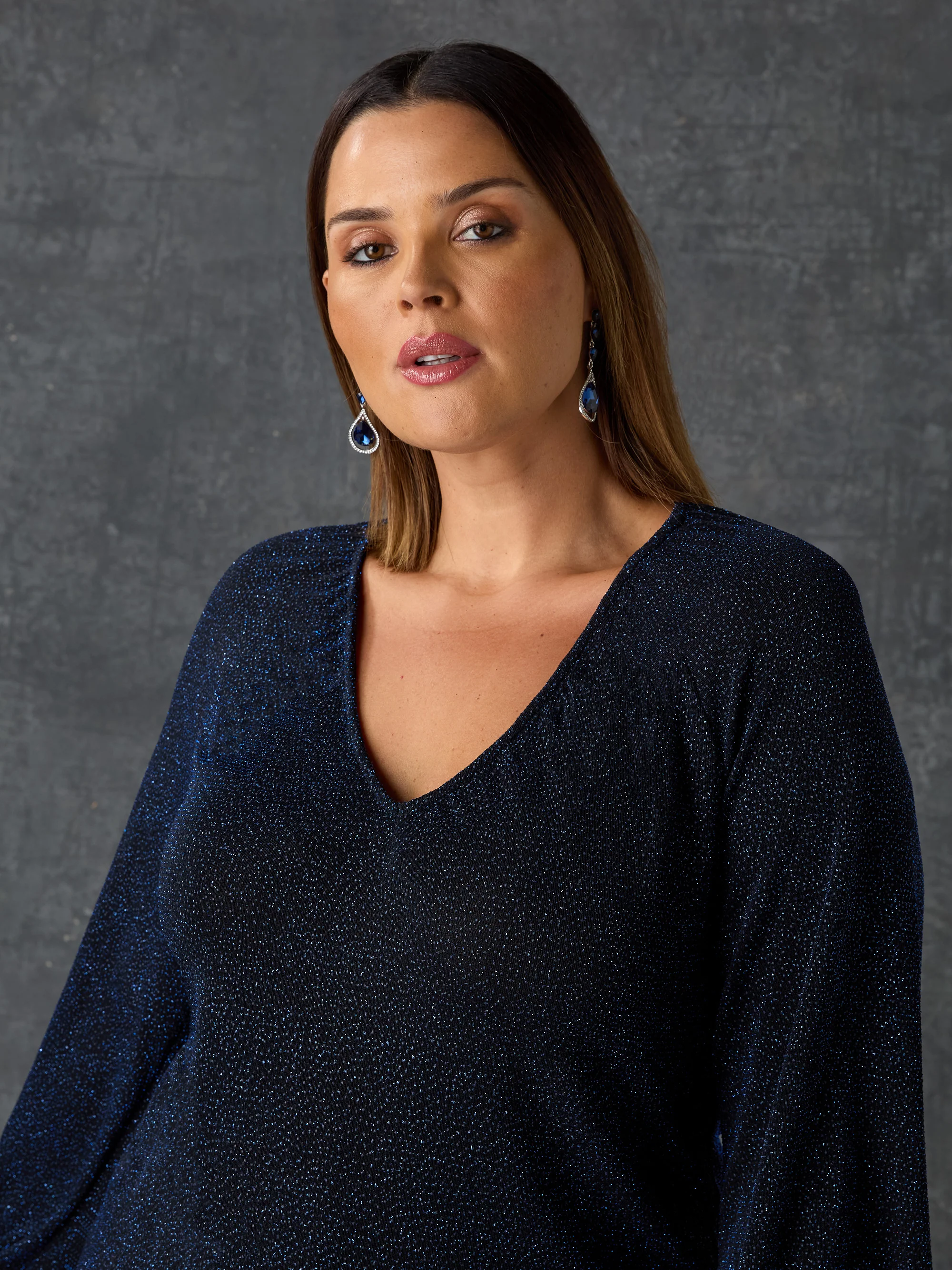 Navy Sparkle Jersey V-Neck Top - Image 3
