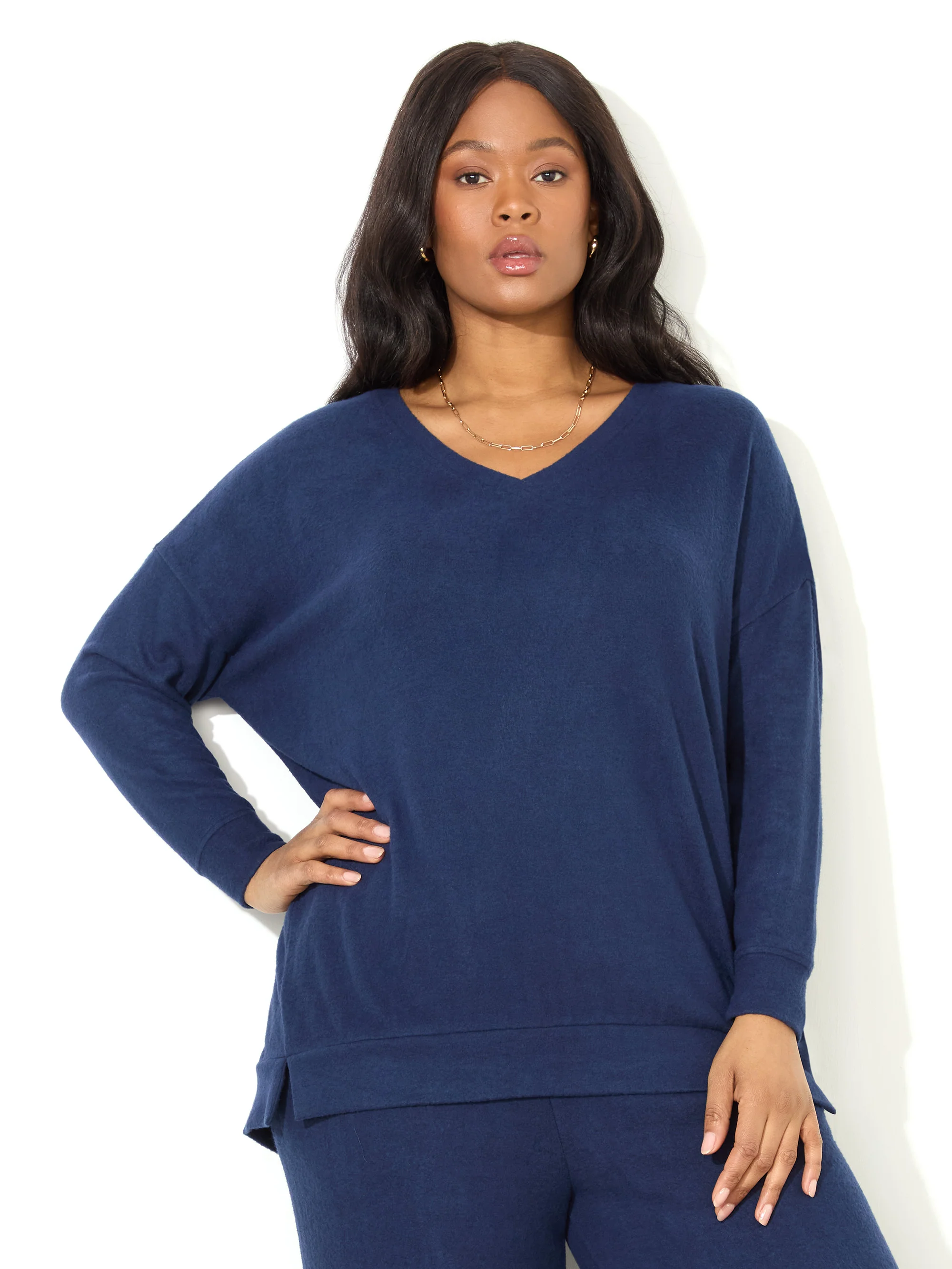 Navy Supersoft V-Neck Relaxed Longline Top - Image 2