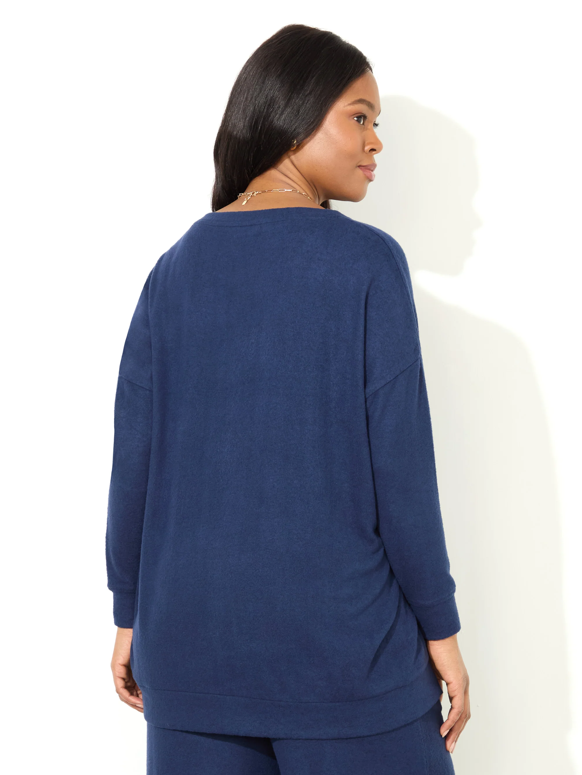 Navy Supersoft V-Neck Relaxed Longline Top - Image 3