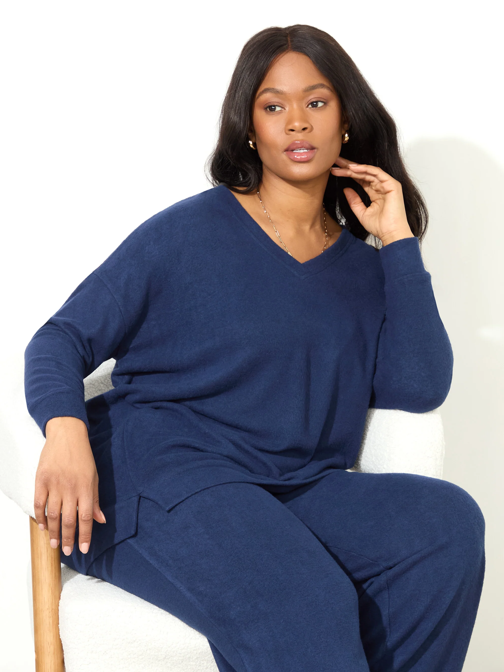 Navy Supersoft V-Neck Relaxed Longline Top - Image 4