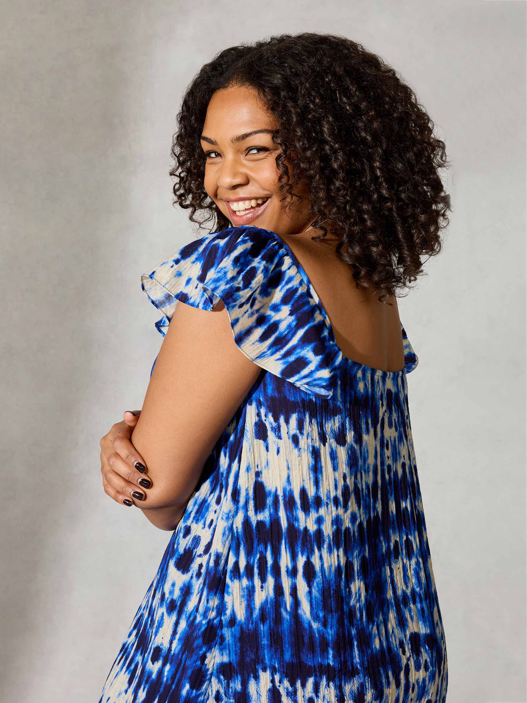 Navy Tie Dye Frill Shoulder Sun Dress - Image 4