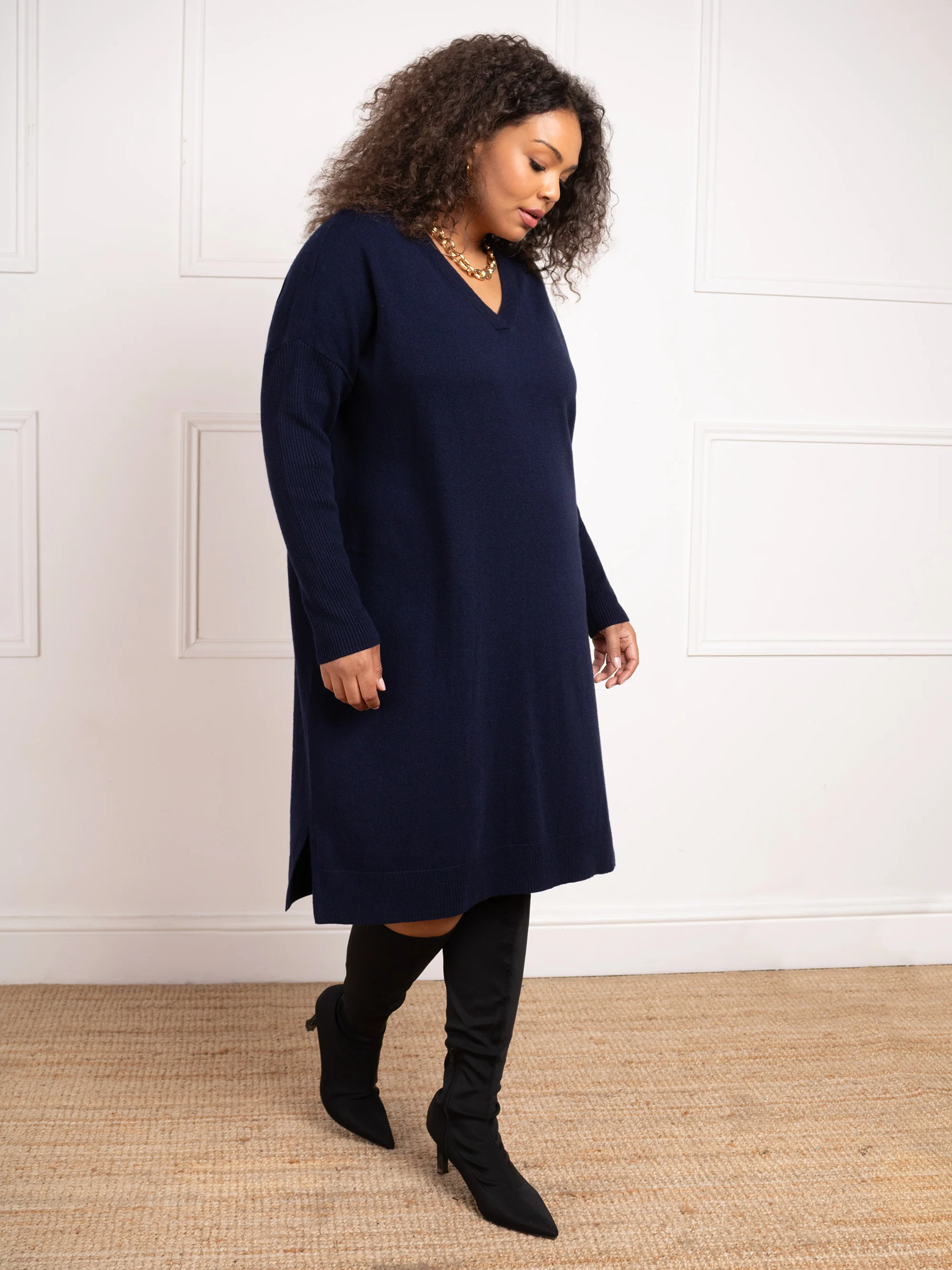 Navy V-Neck Jumper Dress - Image 3