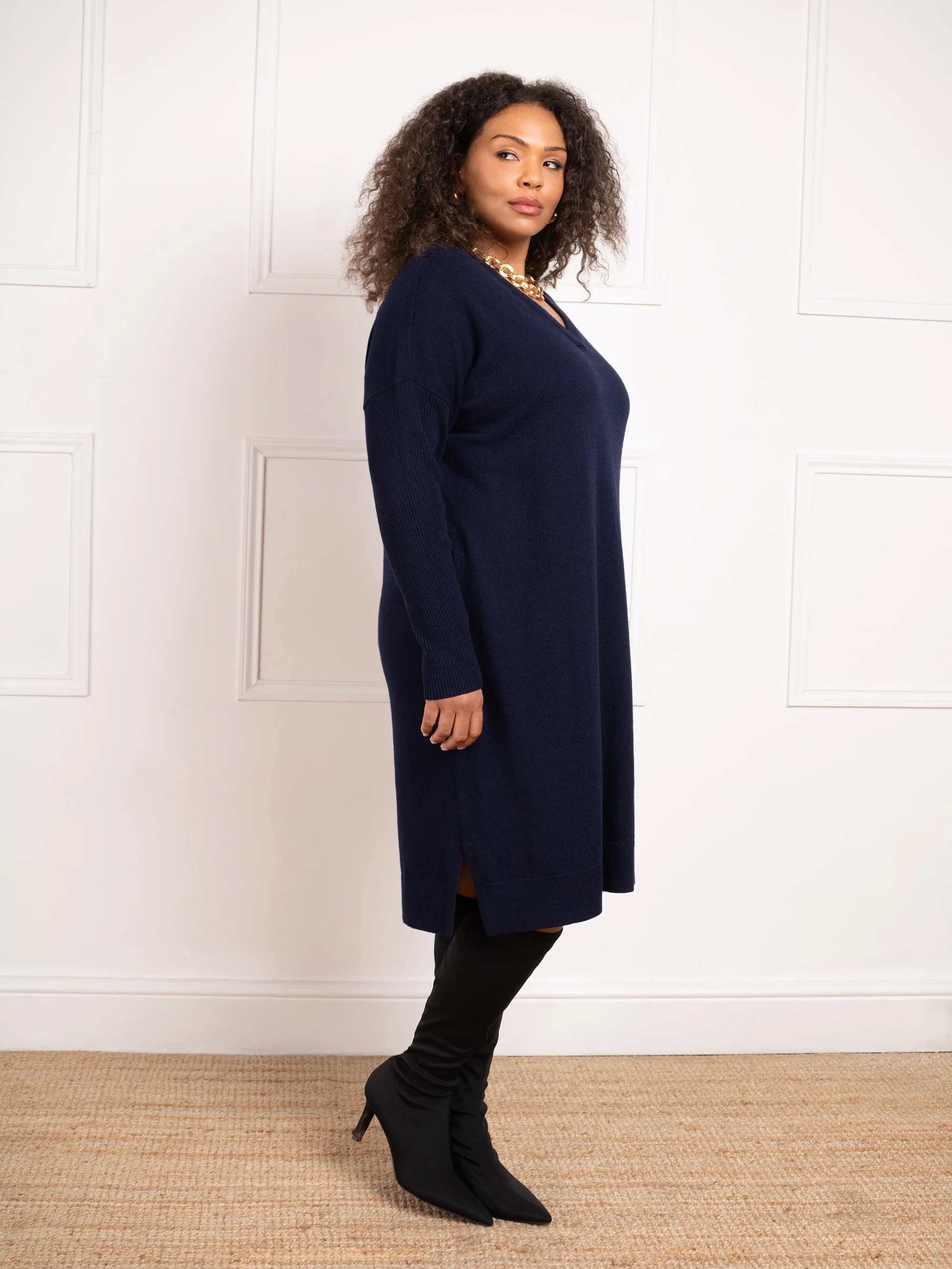 Navy V-Neck Jumper Dress - Image 4