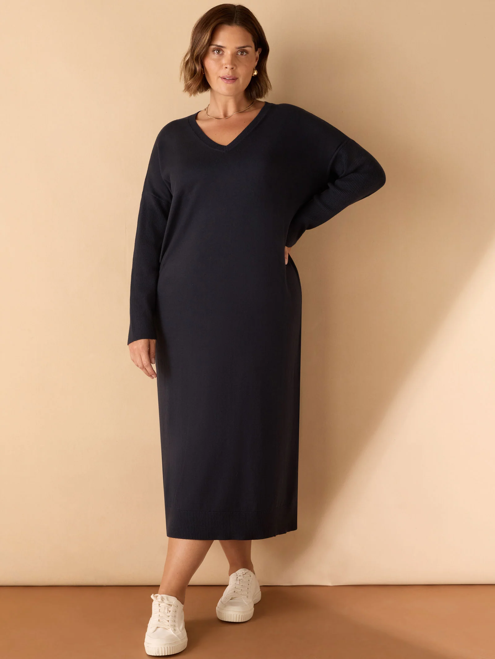 Navy V Neck Knit Jumper Dress - Image 3