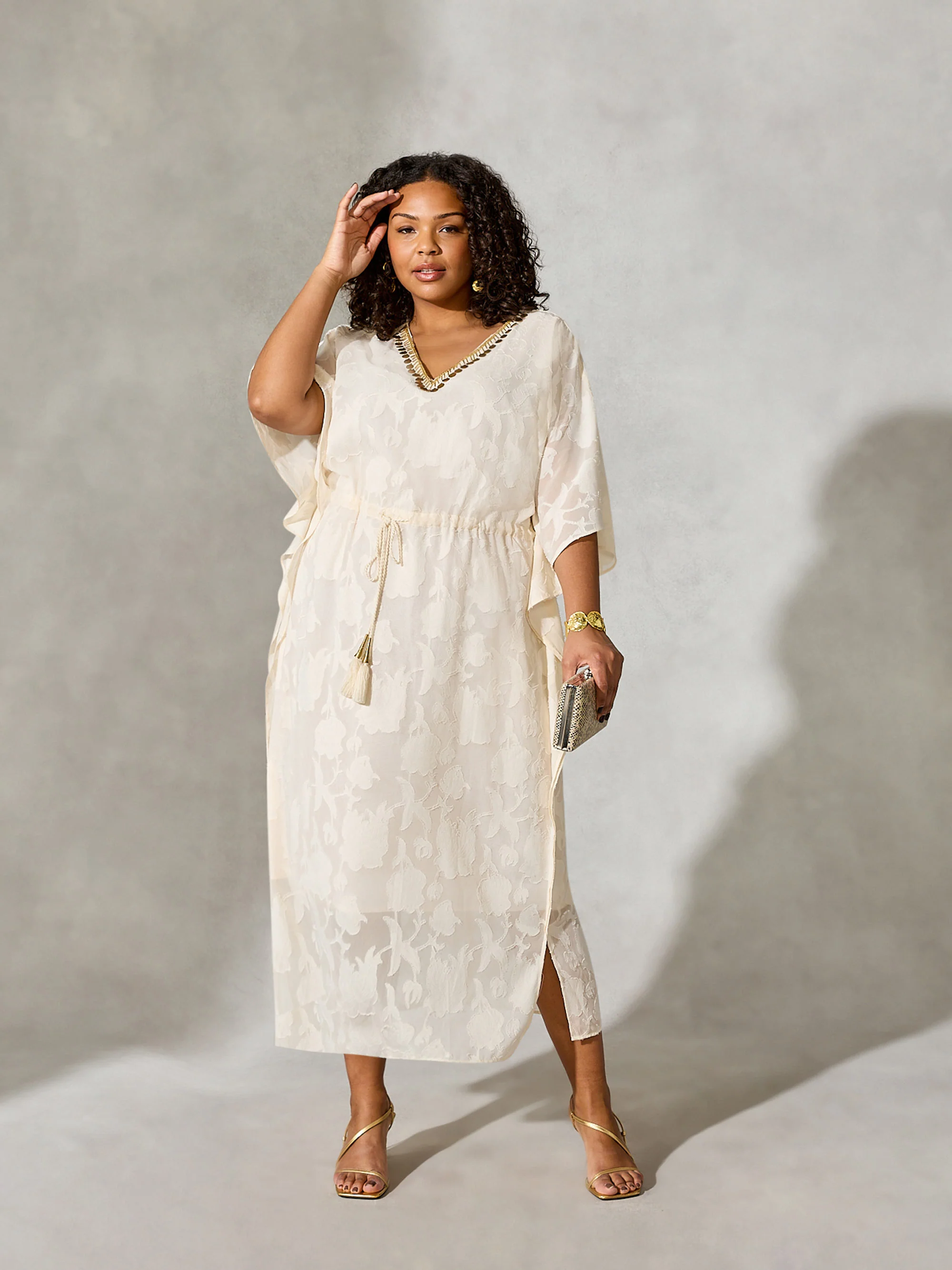 Nude Beaded Jacquard Kaftan Maxi Dress - Image 3