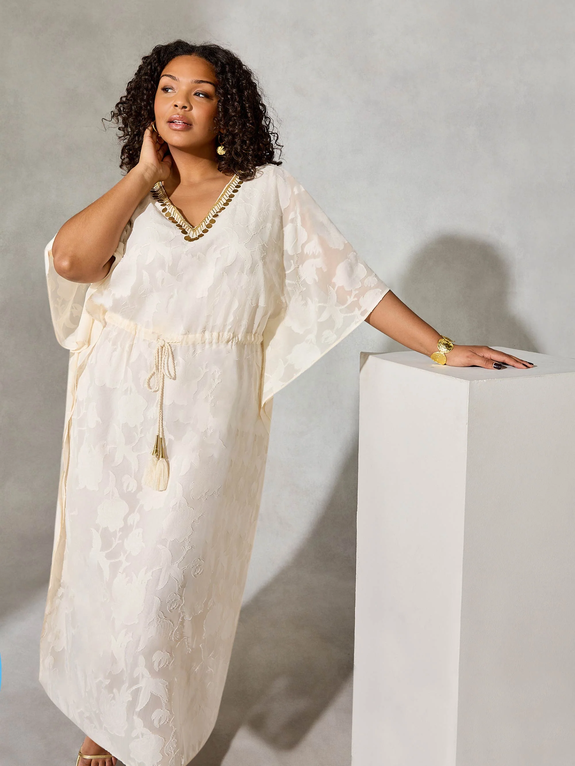 Nude Beaded Jacquard Kaftan Maxi Dress - Image 4