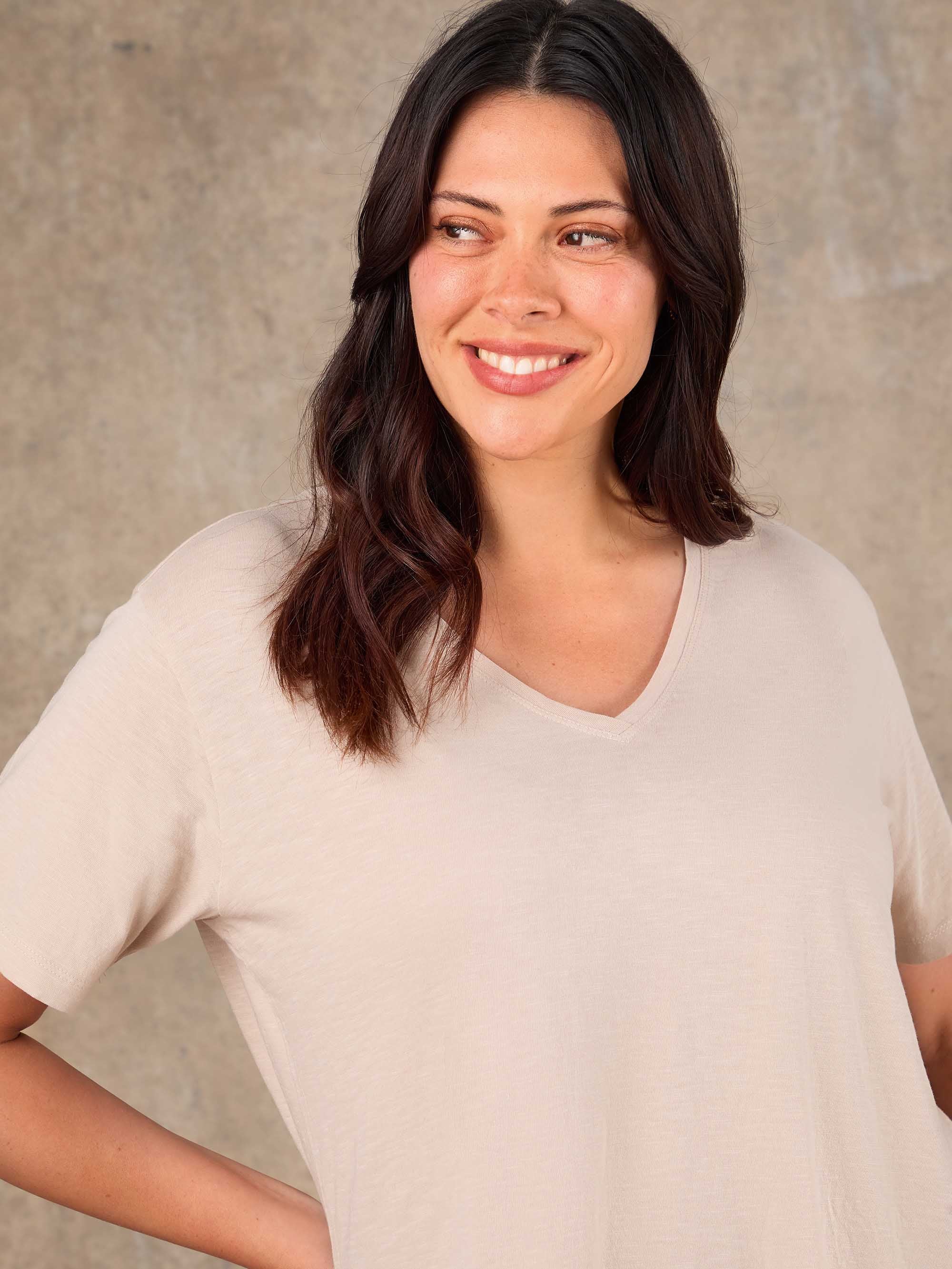 Oatmeal Cotton Slub V Neck T-Shirt - Image 2