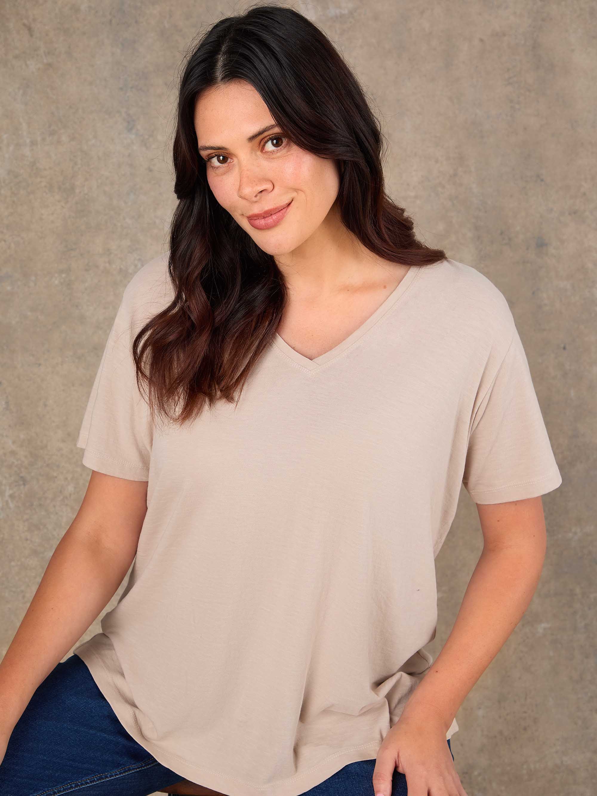 Oatmeal Cotton Slub V Neck T-Shirt - Image 3