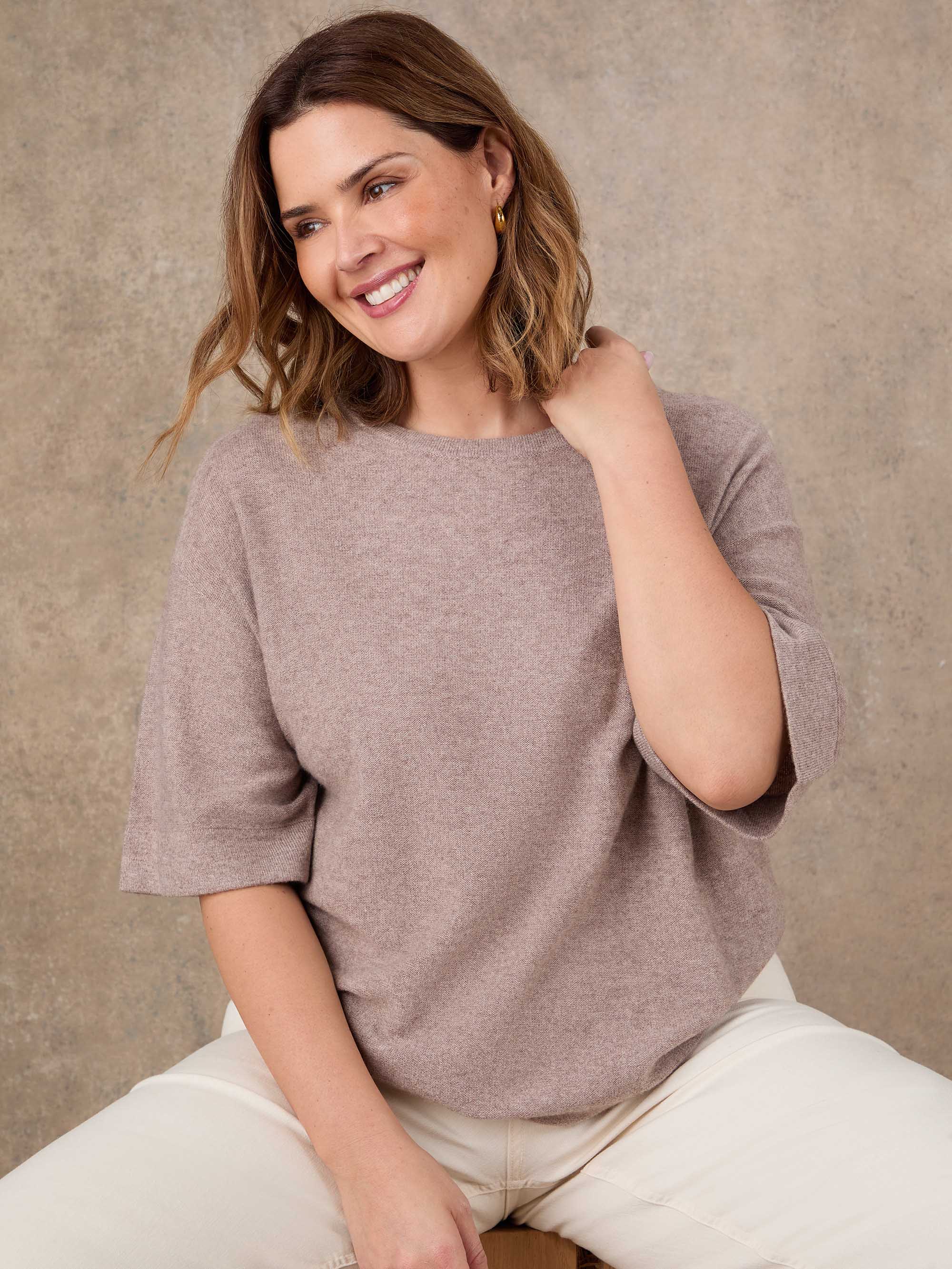 Oatmeal Short Sleeve Knitted Jumper With Cashmere - Image 4