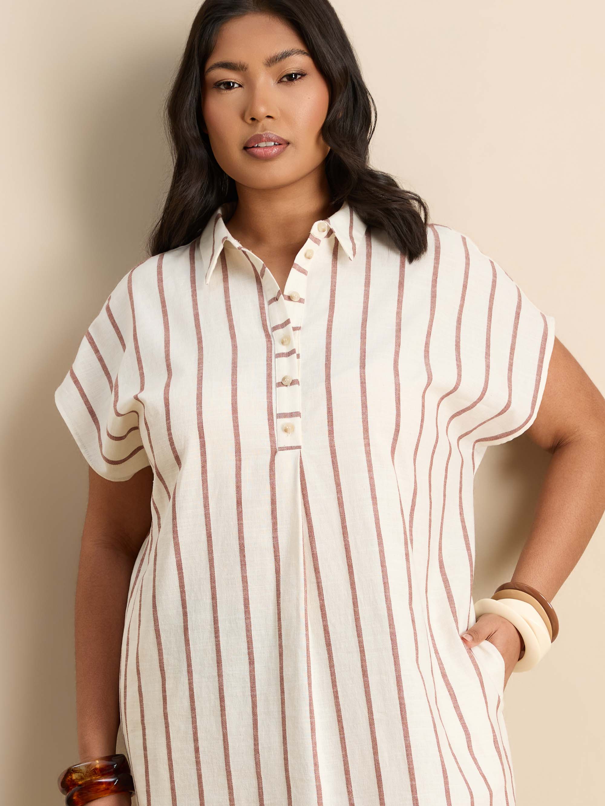 Oatmeal Stripe Linen Blend Button Front Midaxi Shirt Dress - Image 2