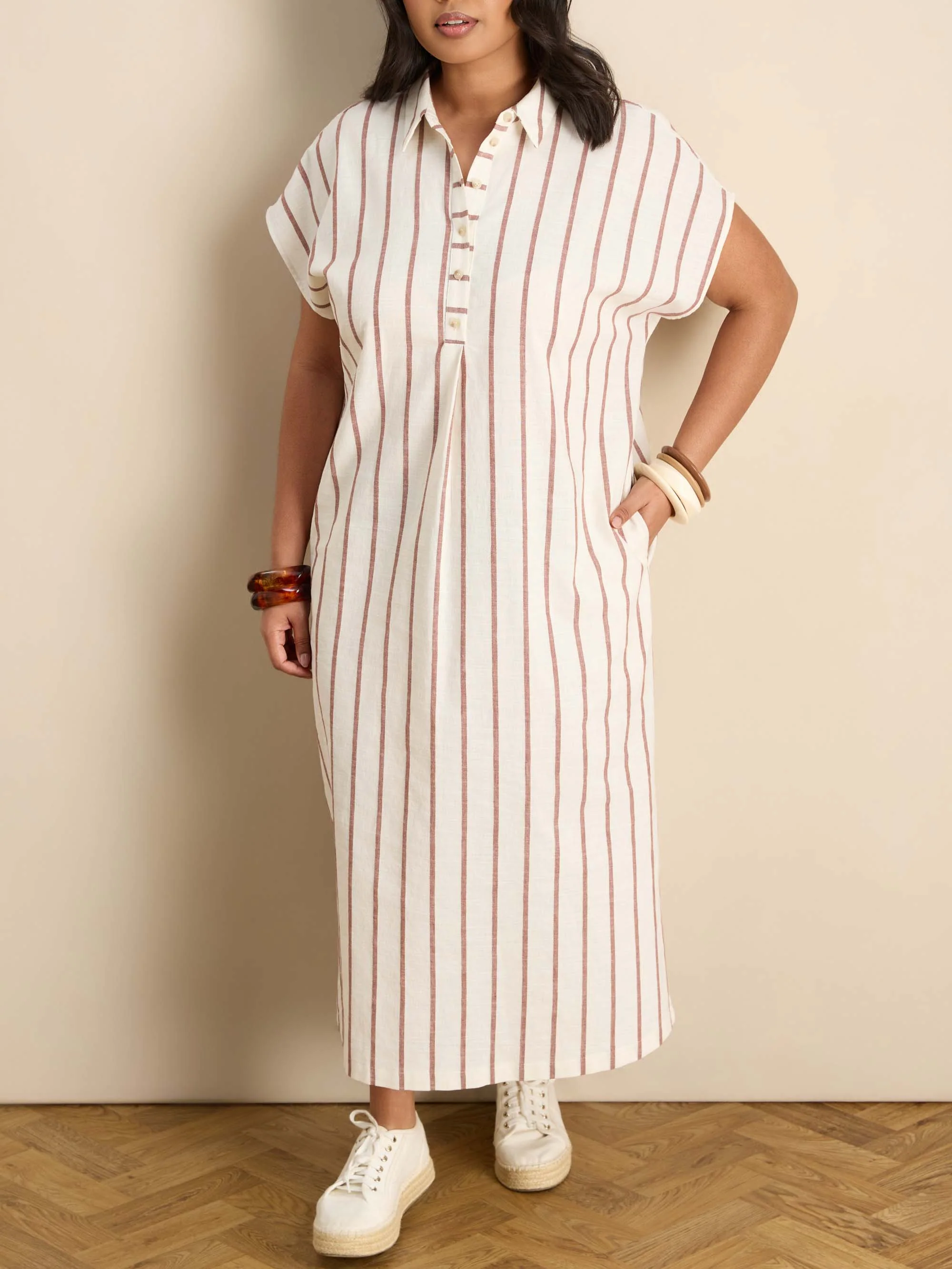 Oatmeal Stripe Linen Blend Button Front Midaxi Shirt Dress - Image 3