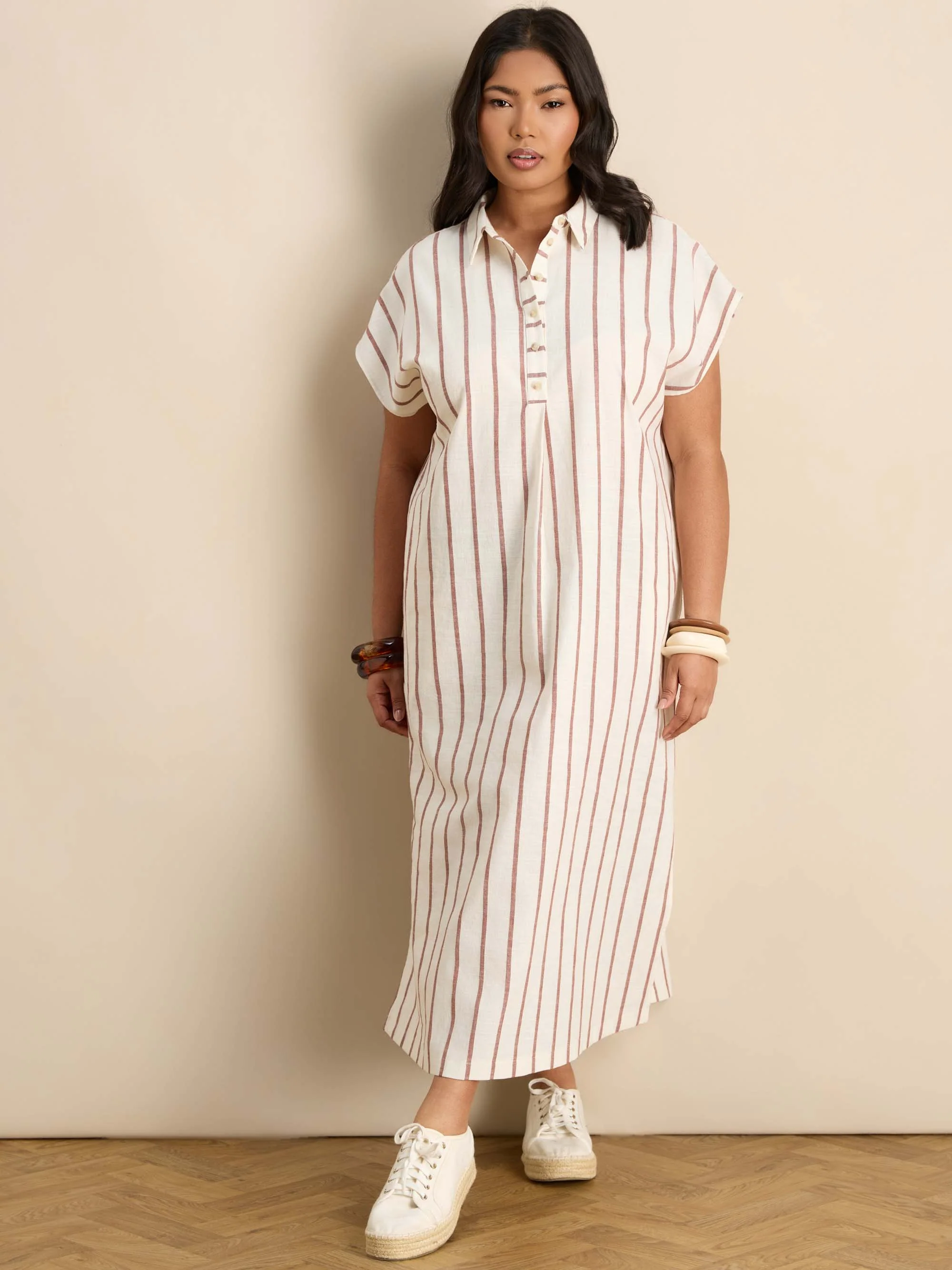 Oatmeal Stripe Linen Blend Button Front Midaxi Shirt Dress - Image 4