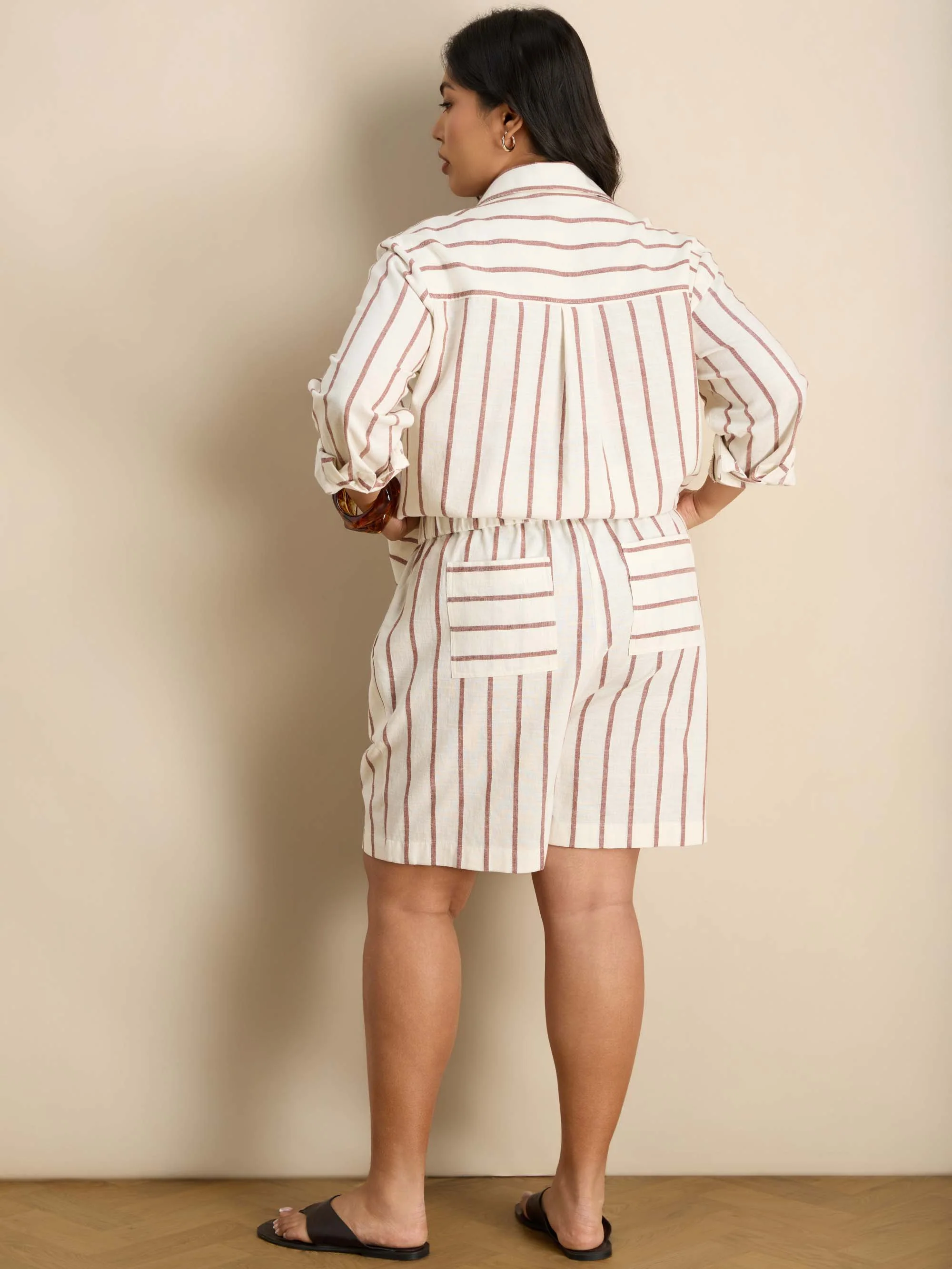 Oatmeal Stripe Linen Blend Shorts - Image 5