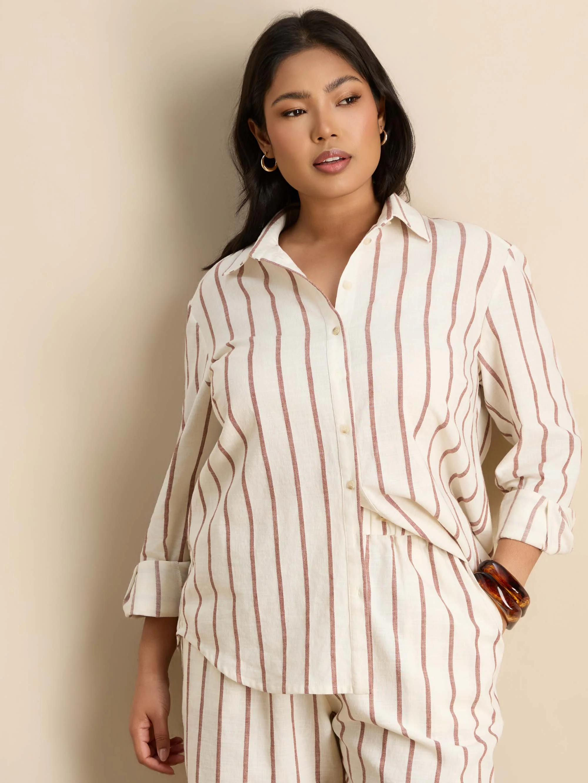Oatmeal Striped Linen Blend Long Sleeve Shirt - Image 2