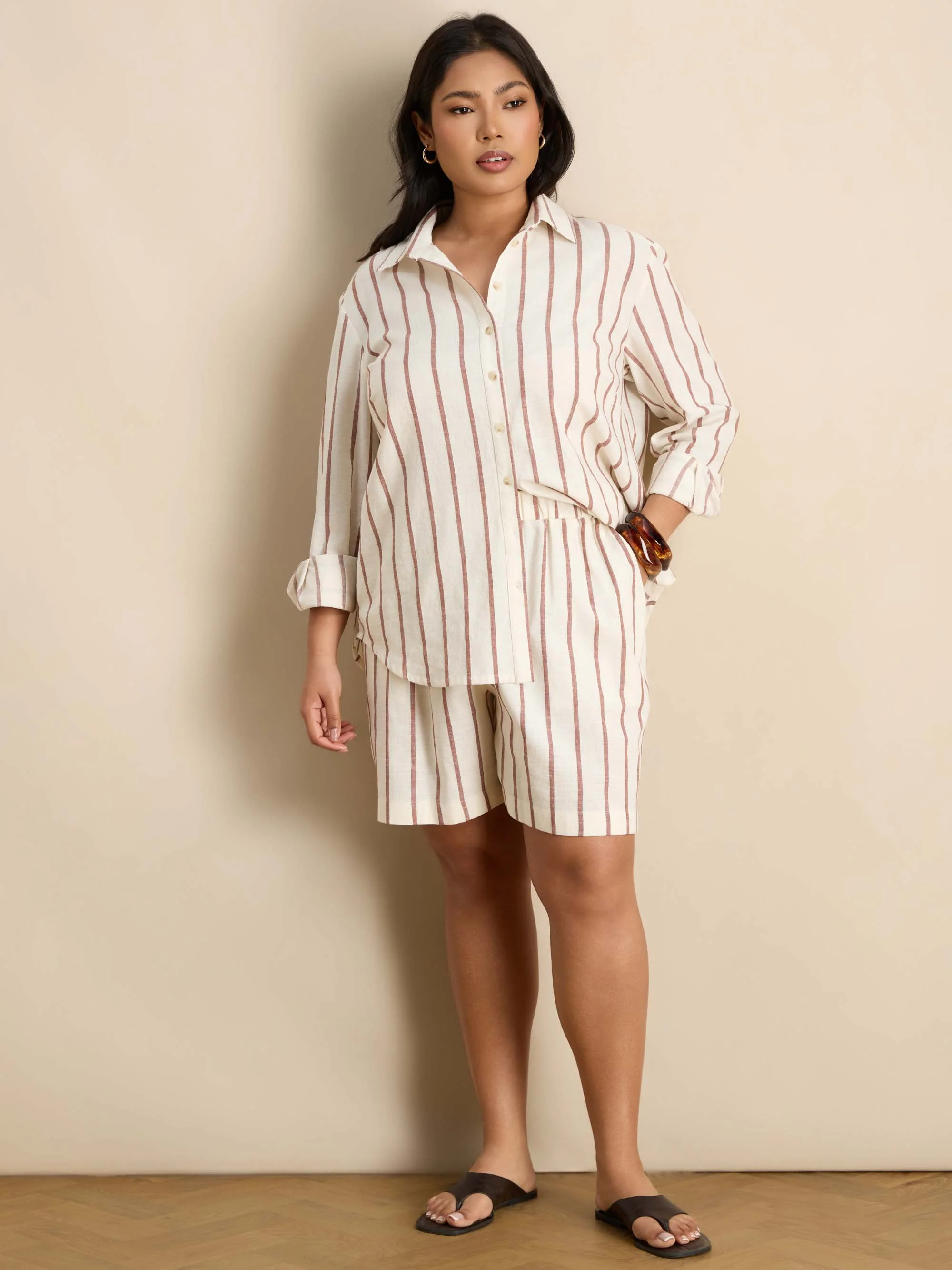 Oatmeal Striped Linen Blend Long Sleeve Shirt - Image 4