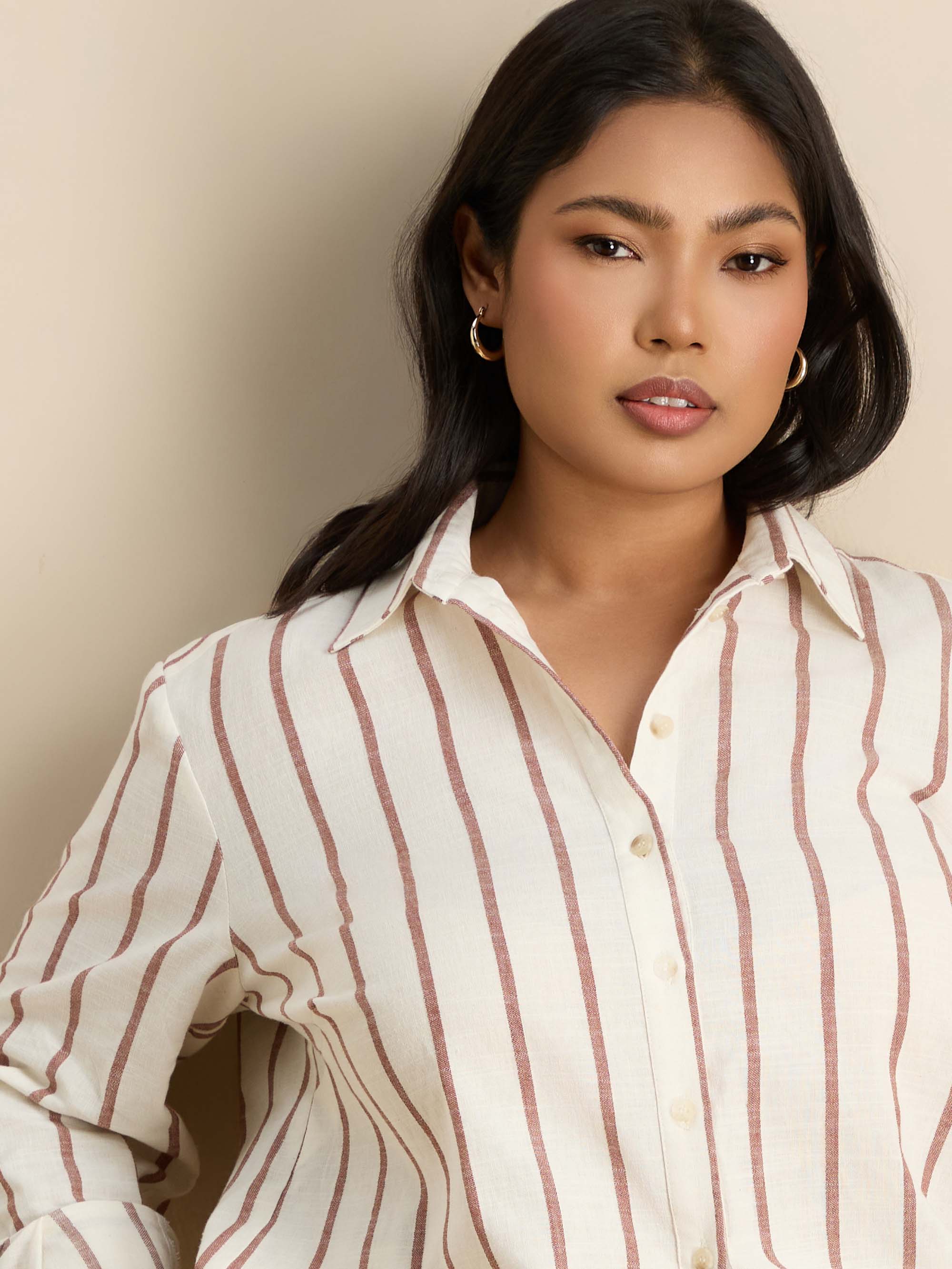 Oatmeal Striped Linen Blend Long Sleeve Shirt - Image 6