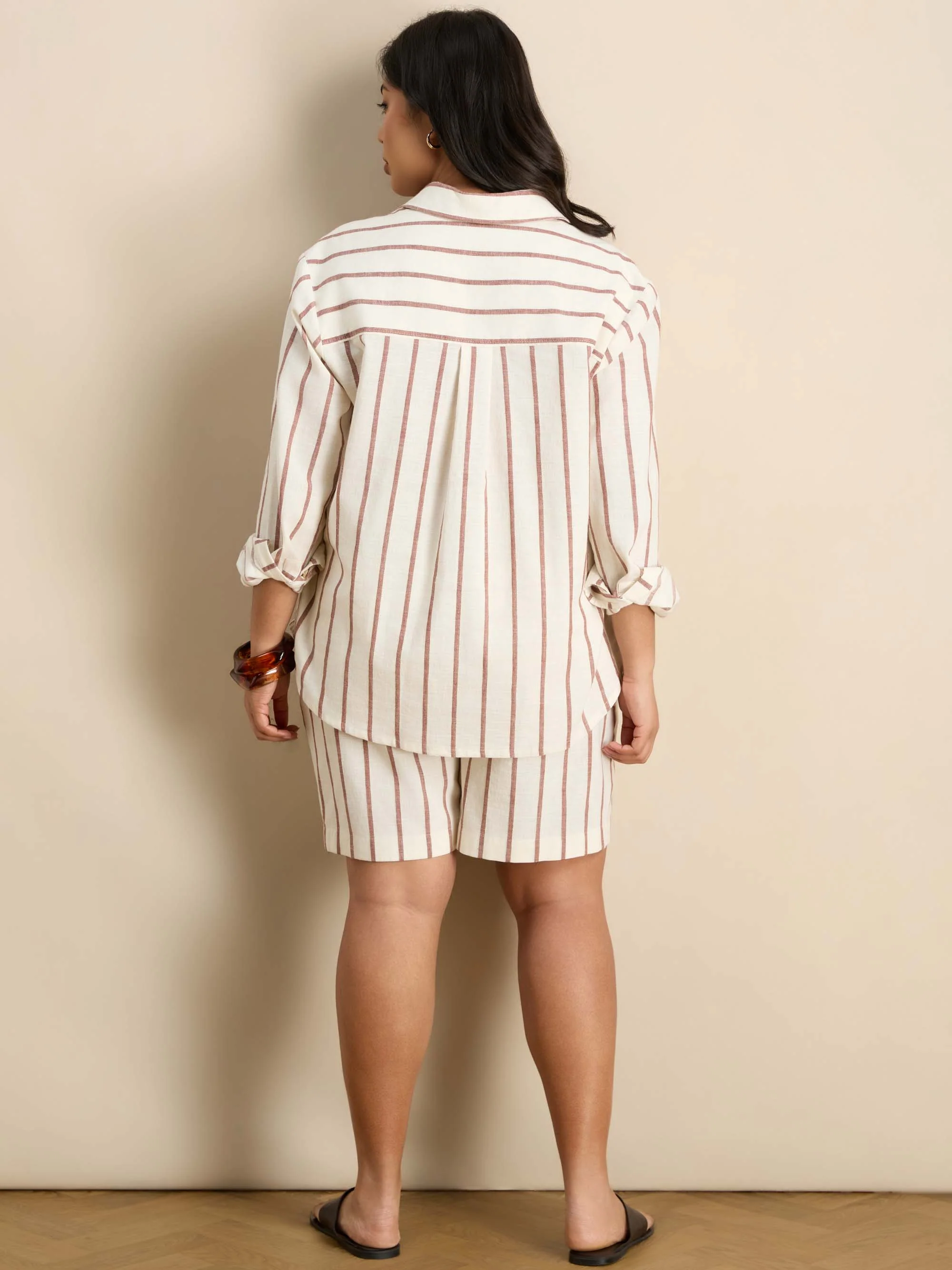Oatmeal Striped Linen Blend Long Sleeve Shirt - Image 7