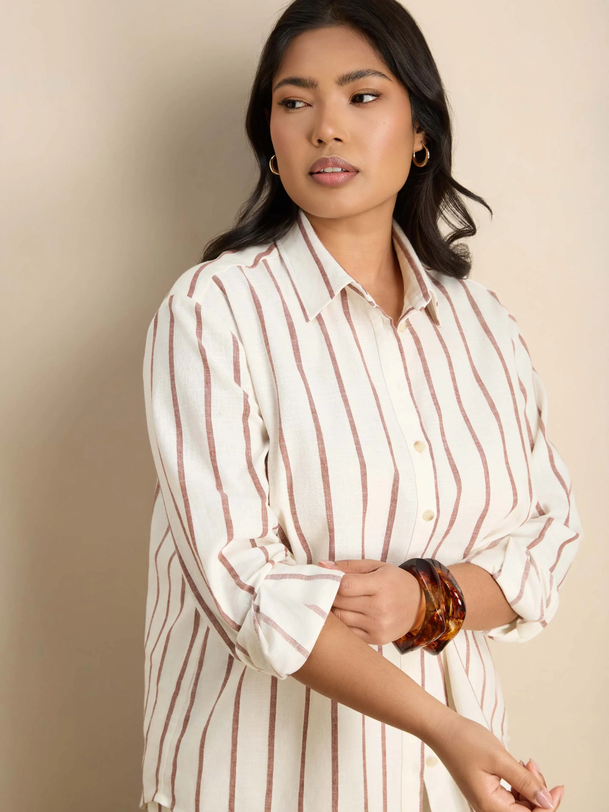 Oatmeal Striped Linen Blend Long Sleeve Shirt - Image 8
