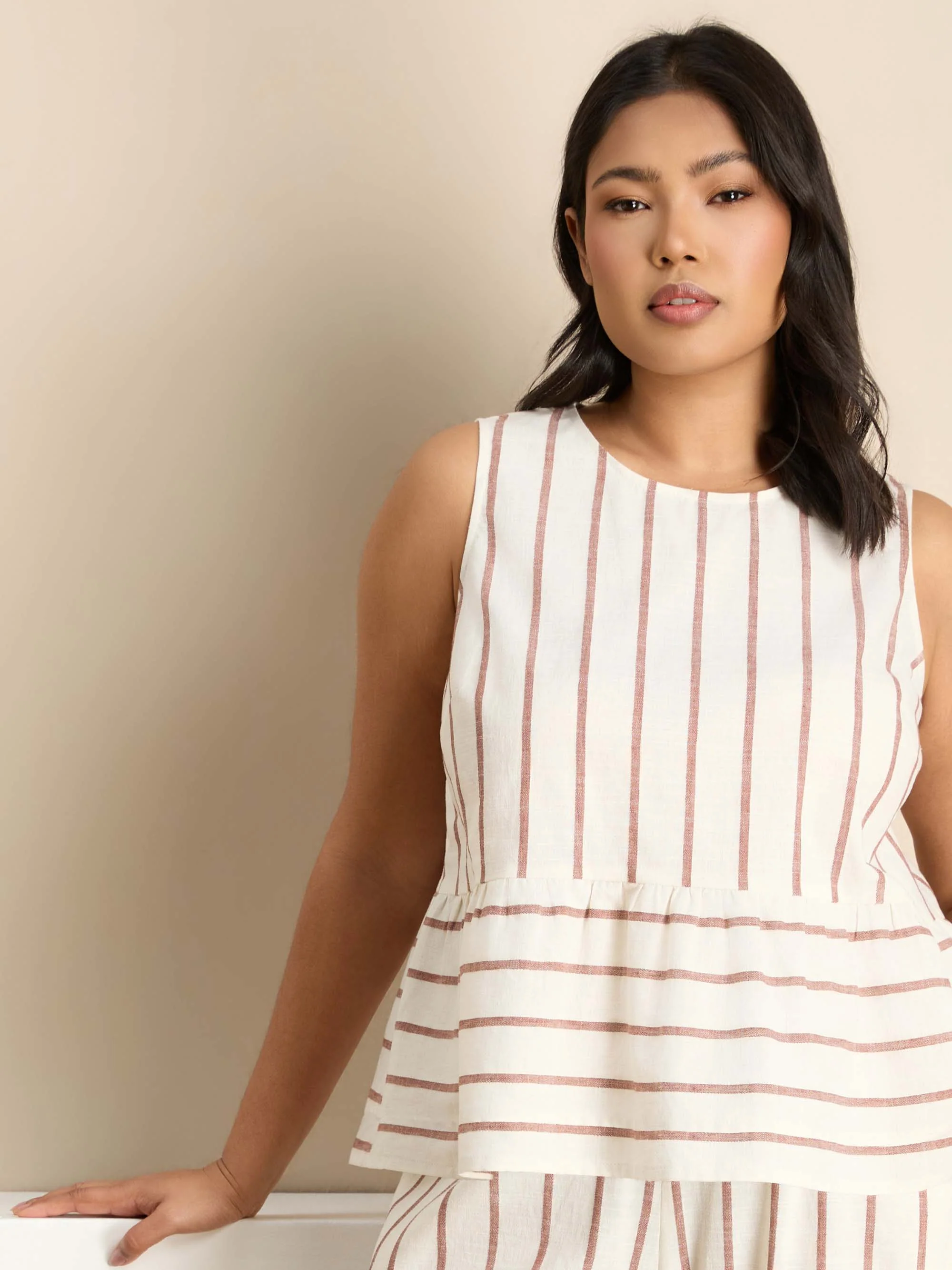 Oatmeal Striped Linen Blend Peplum Top - Image 2