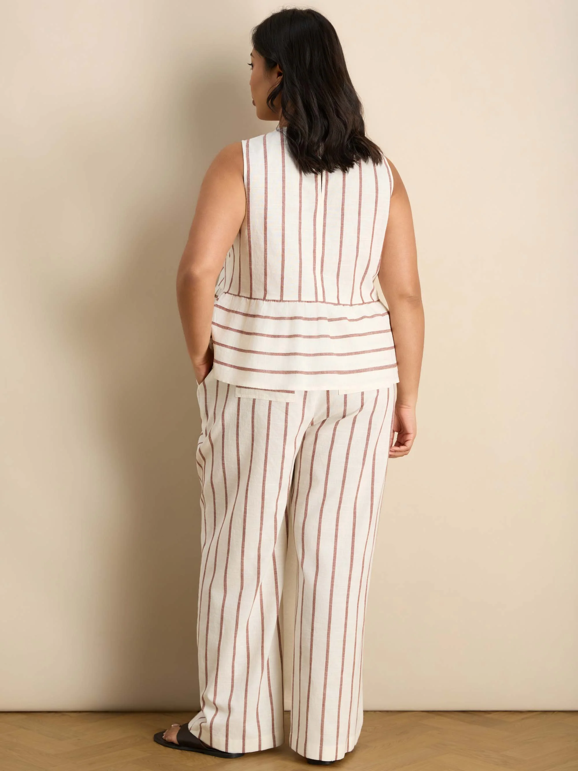 Oatmeal Striped Linen Blend Peplum Top - Image 3