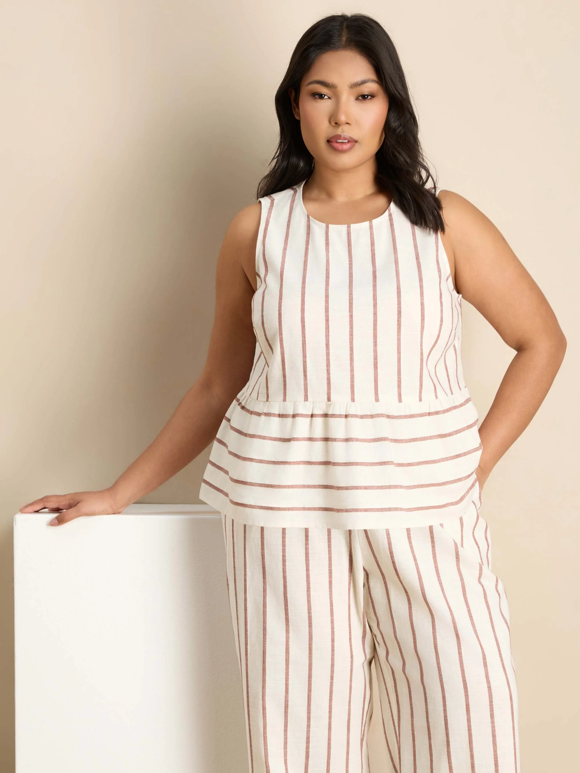Oatmeal Striped Linen Blend Peplum Top - Image 4