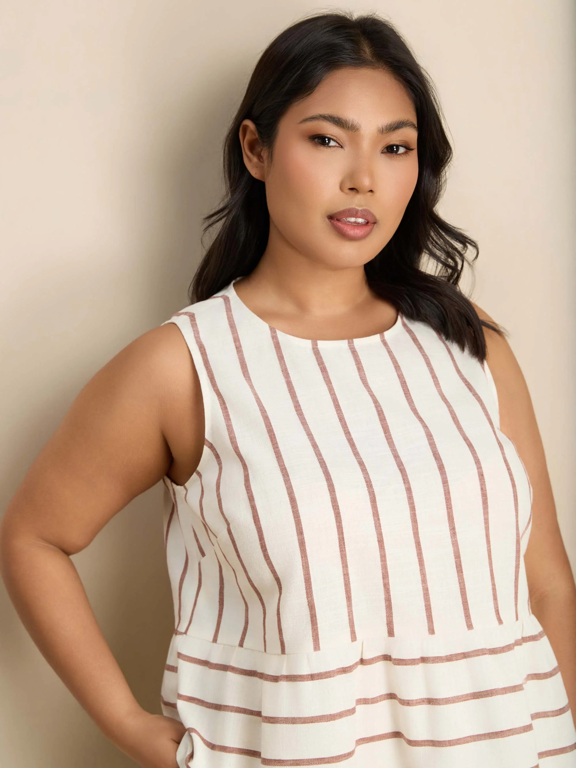 Oatmeal Striped Linen Blend Peplum Top - Image 5