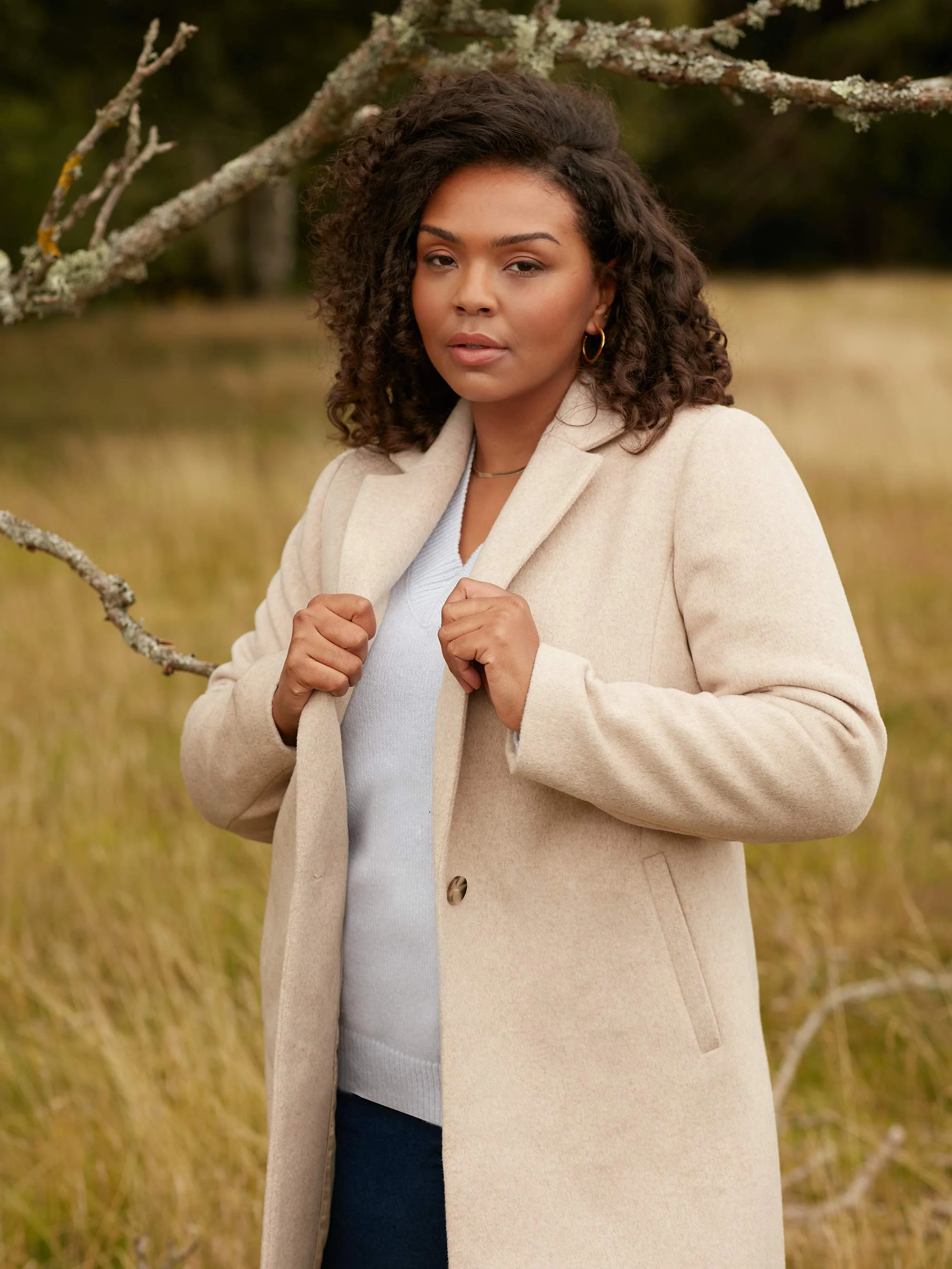 Oatmeal Wool Blend Short Tailored Coat - Image 2