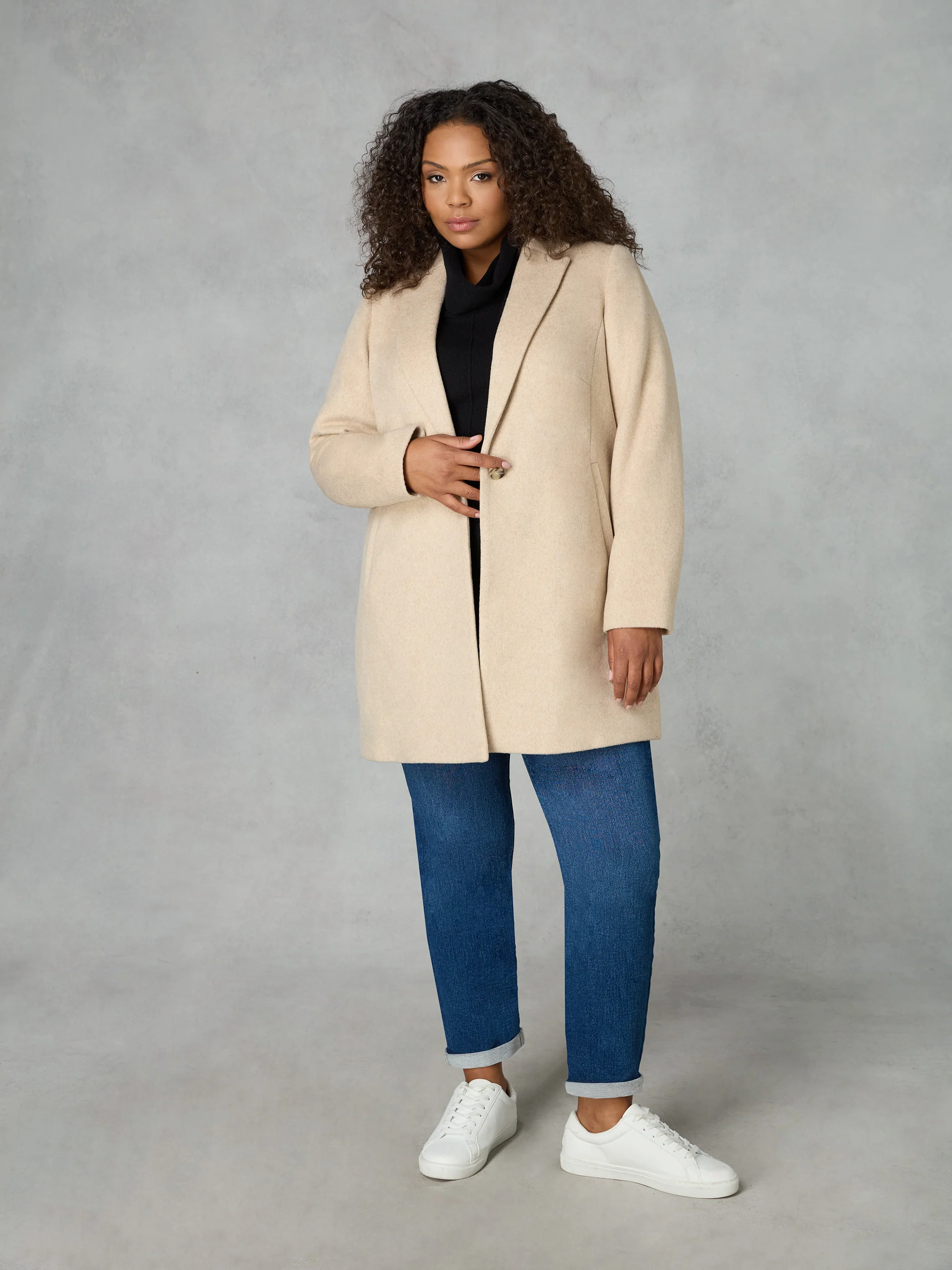 Oatmeal Wool Blend Short Tailored Coat - Image 3