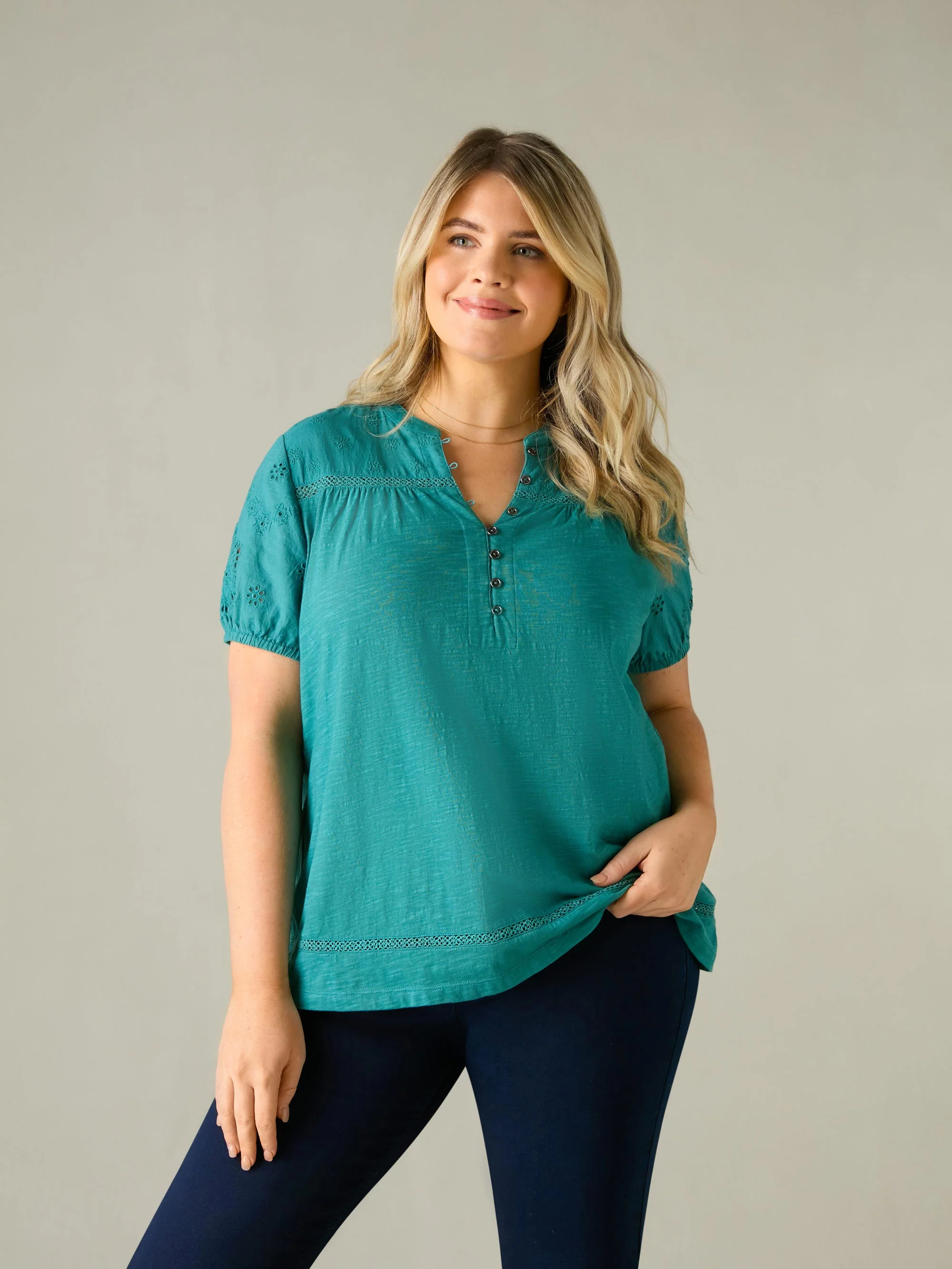 Ocean Green Cotton Jersey Broderie Blouse - Image 3