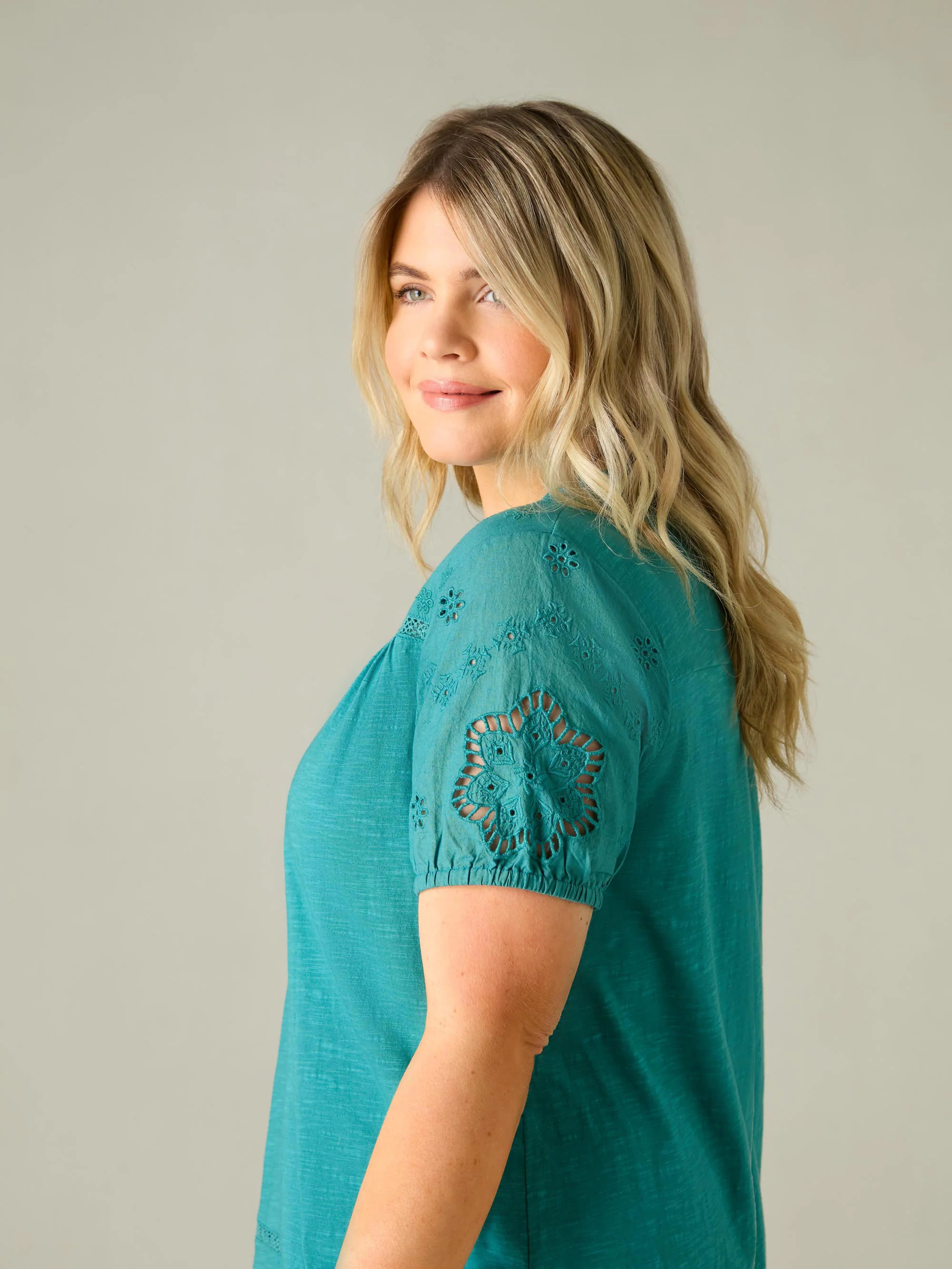 Ocean Green Cotton Jersey Broderie Blouse - Image 5