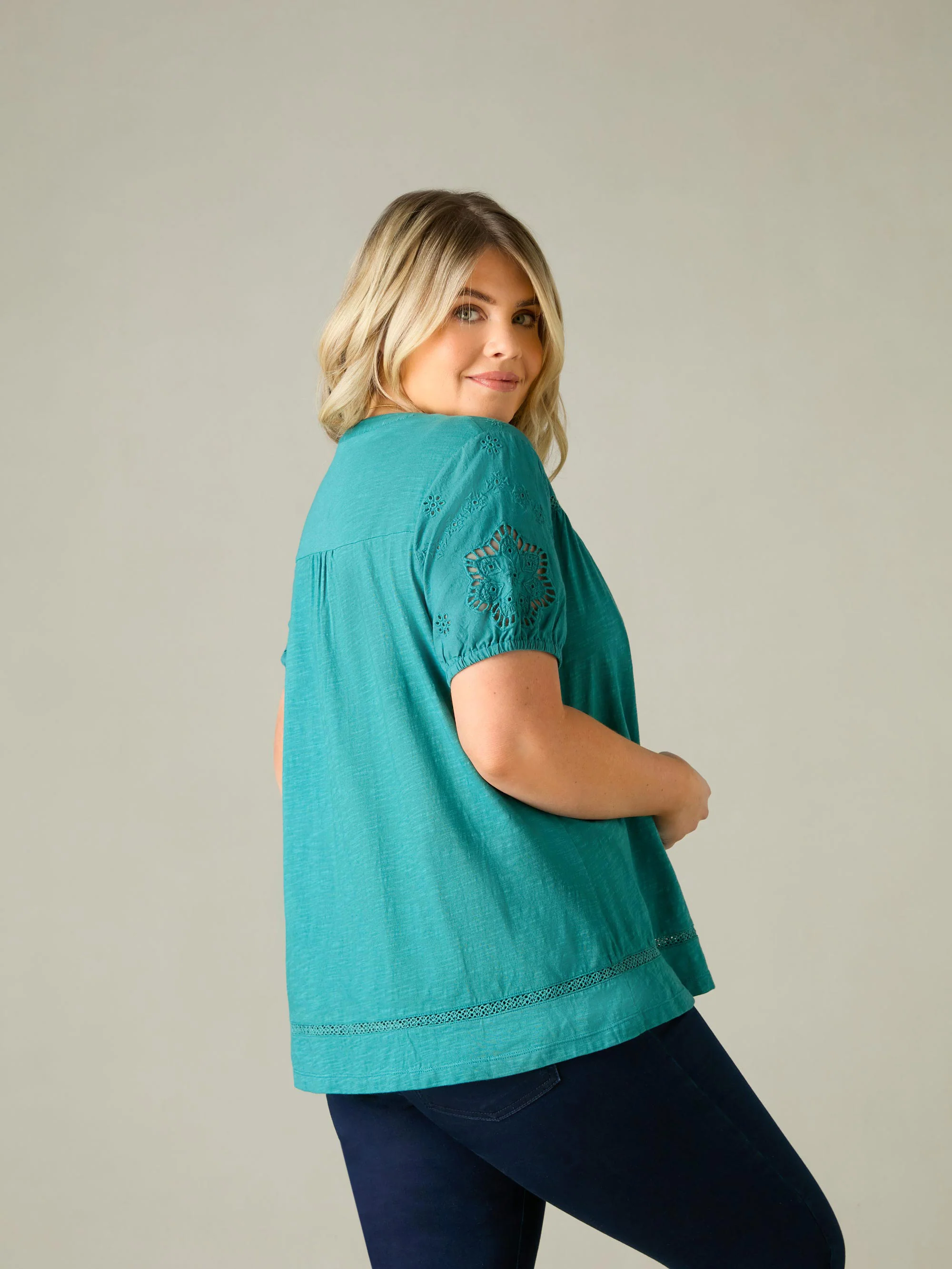 Ocean Green Cotton Jersey Broderie Blouse - Image 6