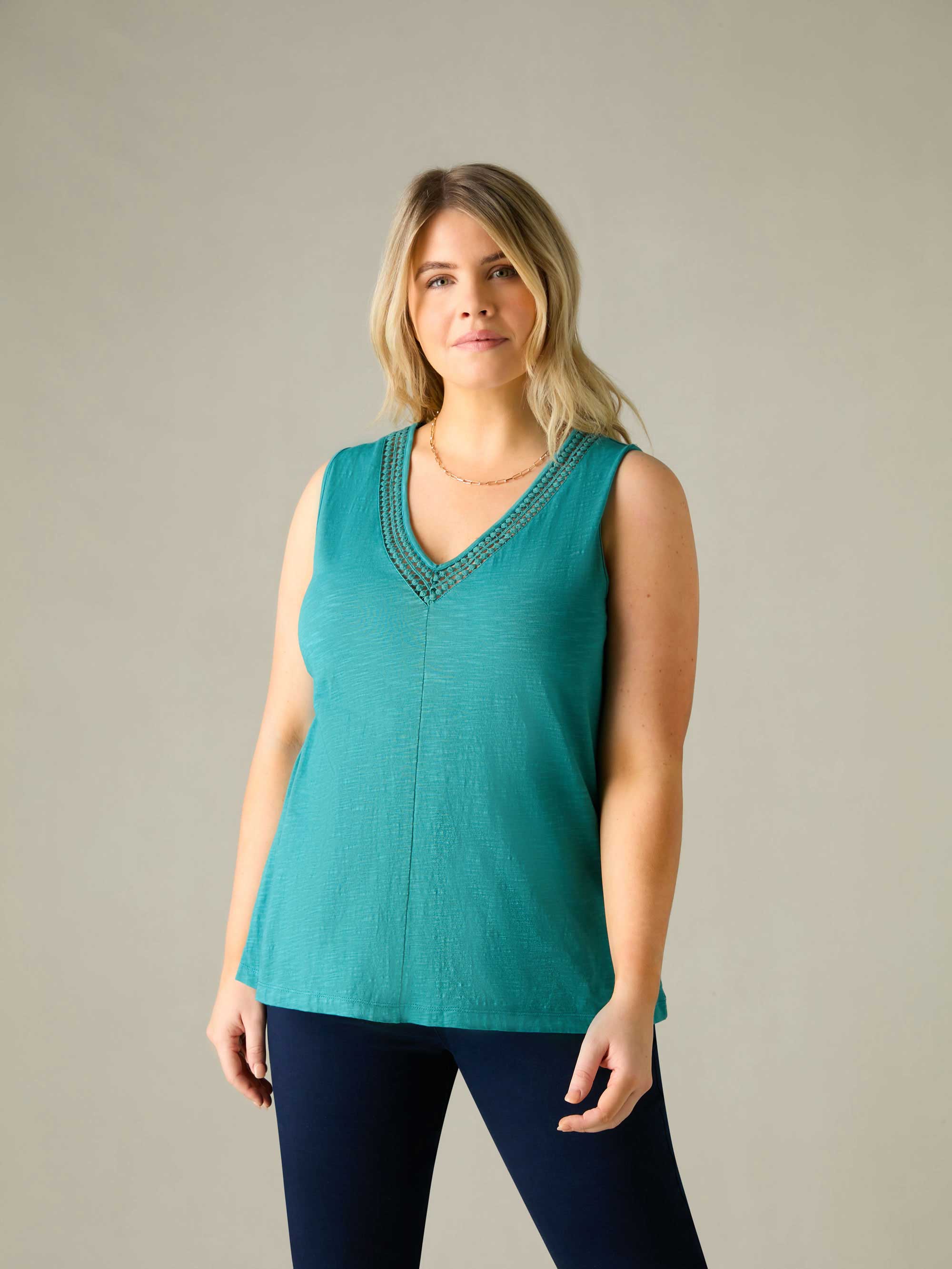 Ocean Green Jersey Broderie V-Neck Vest - Image 2