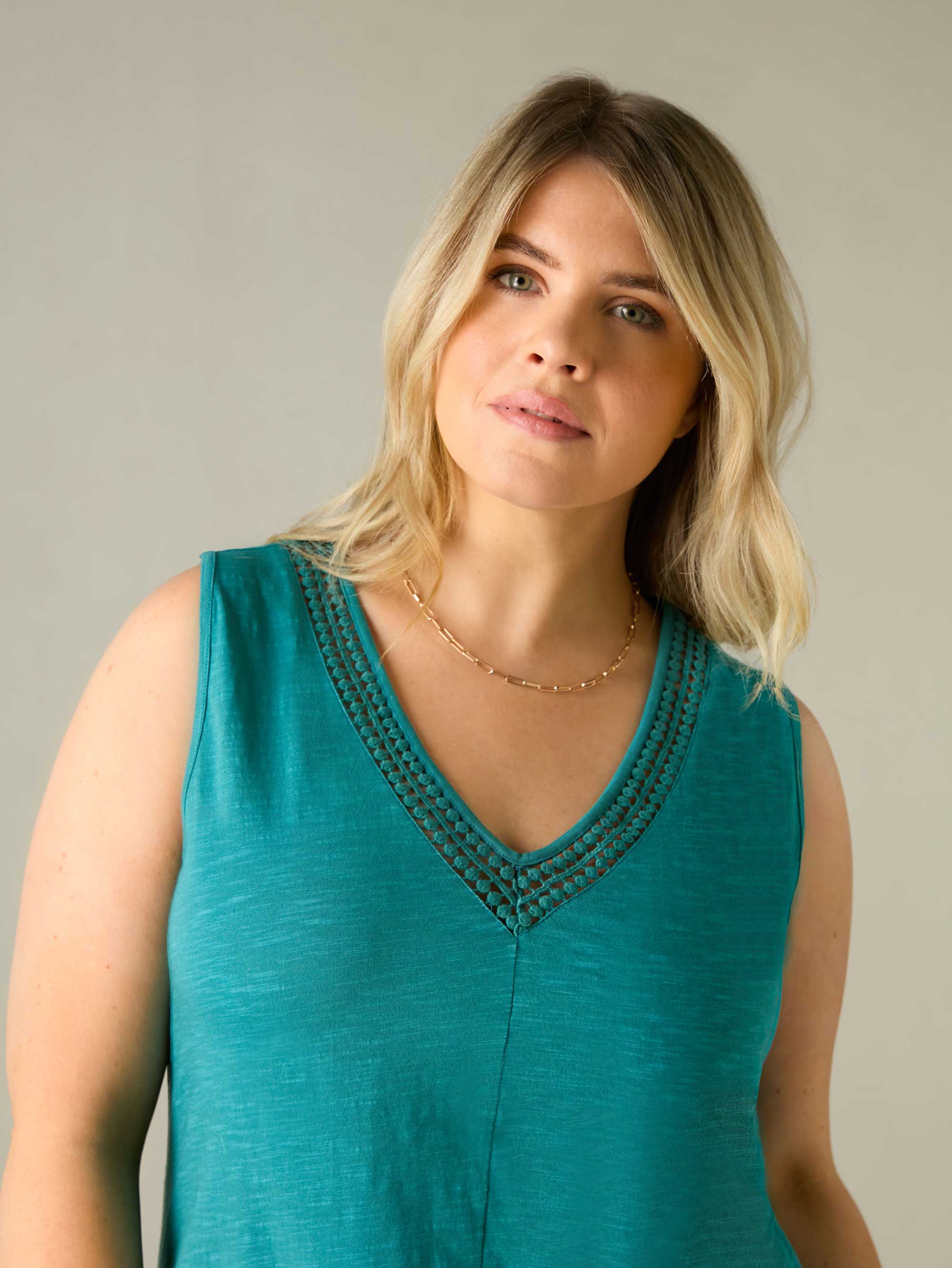 Ocean Green Jersey Broderie V-Neck Vest - Image 3