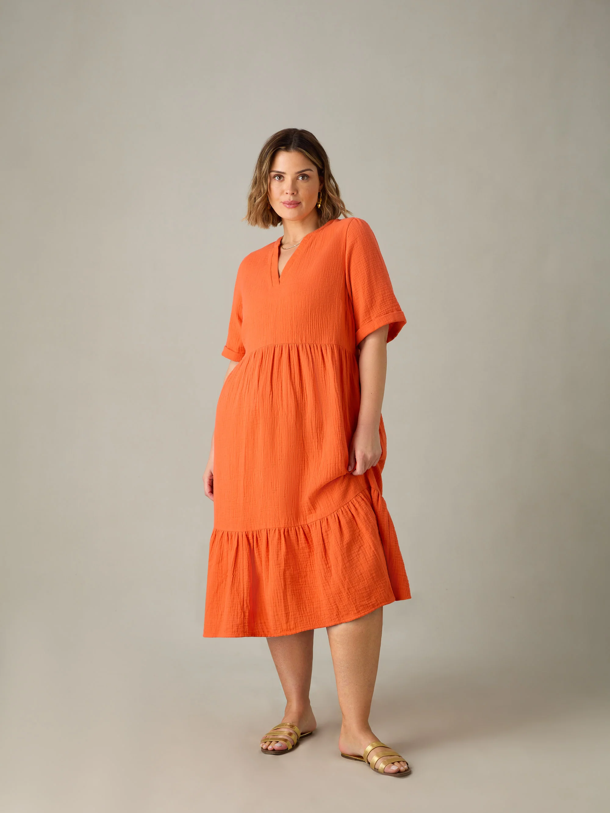 Orange Cotton Crinkle Tiered Dress - Image 3