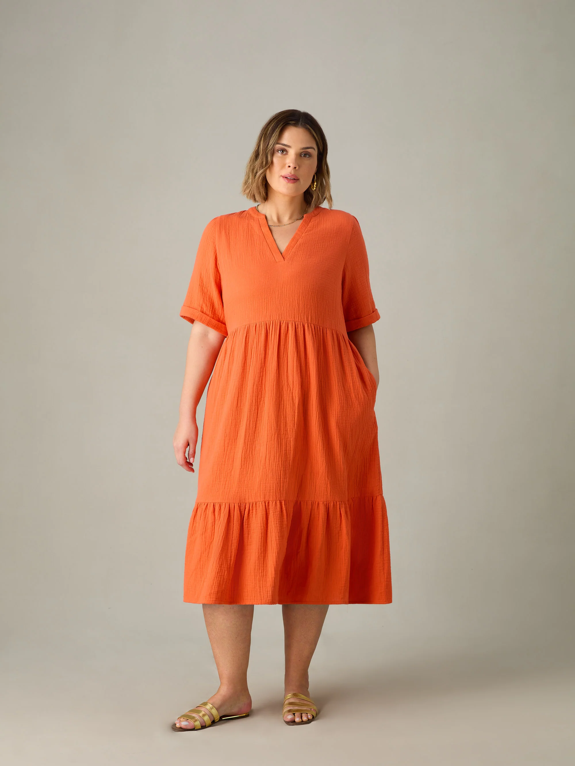 Orange Cotton Crinkle Tiered Dress - Image 4