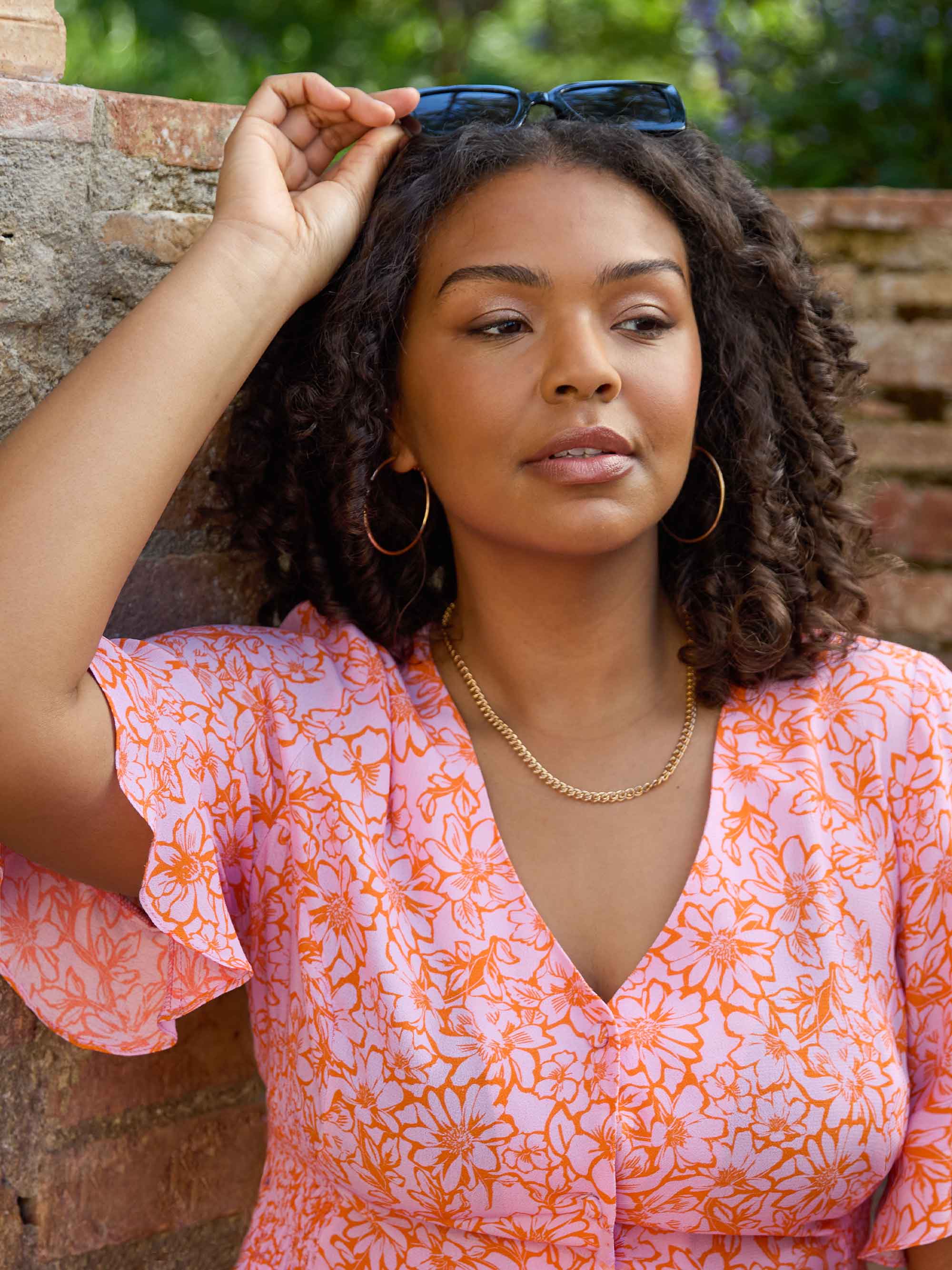 Orange Floral Shirred Waist Midi Dress - Image 2