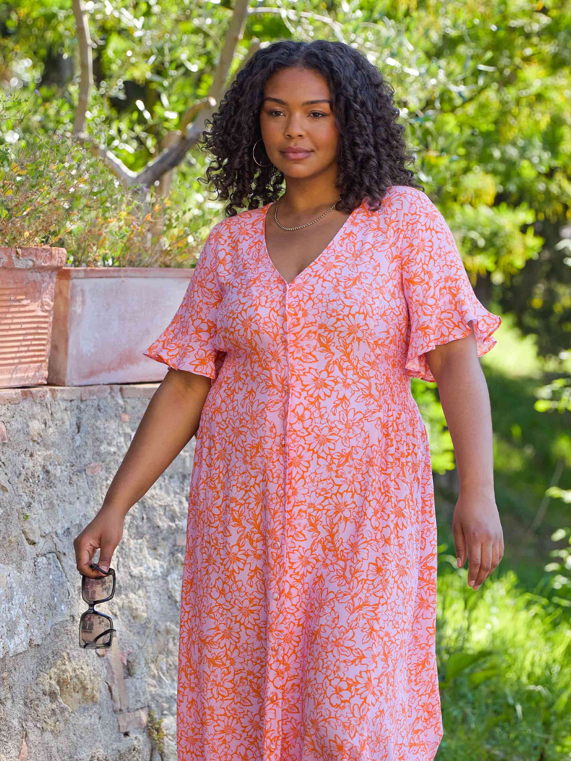 Orange Floral Shirred Waist Midi Dress - Image 3