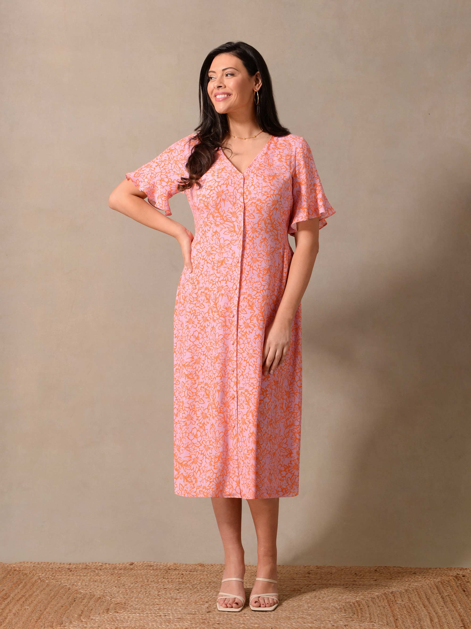 Orange Floral Shirred Waist Midi Dress - Image 4