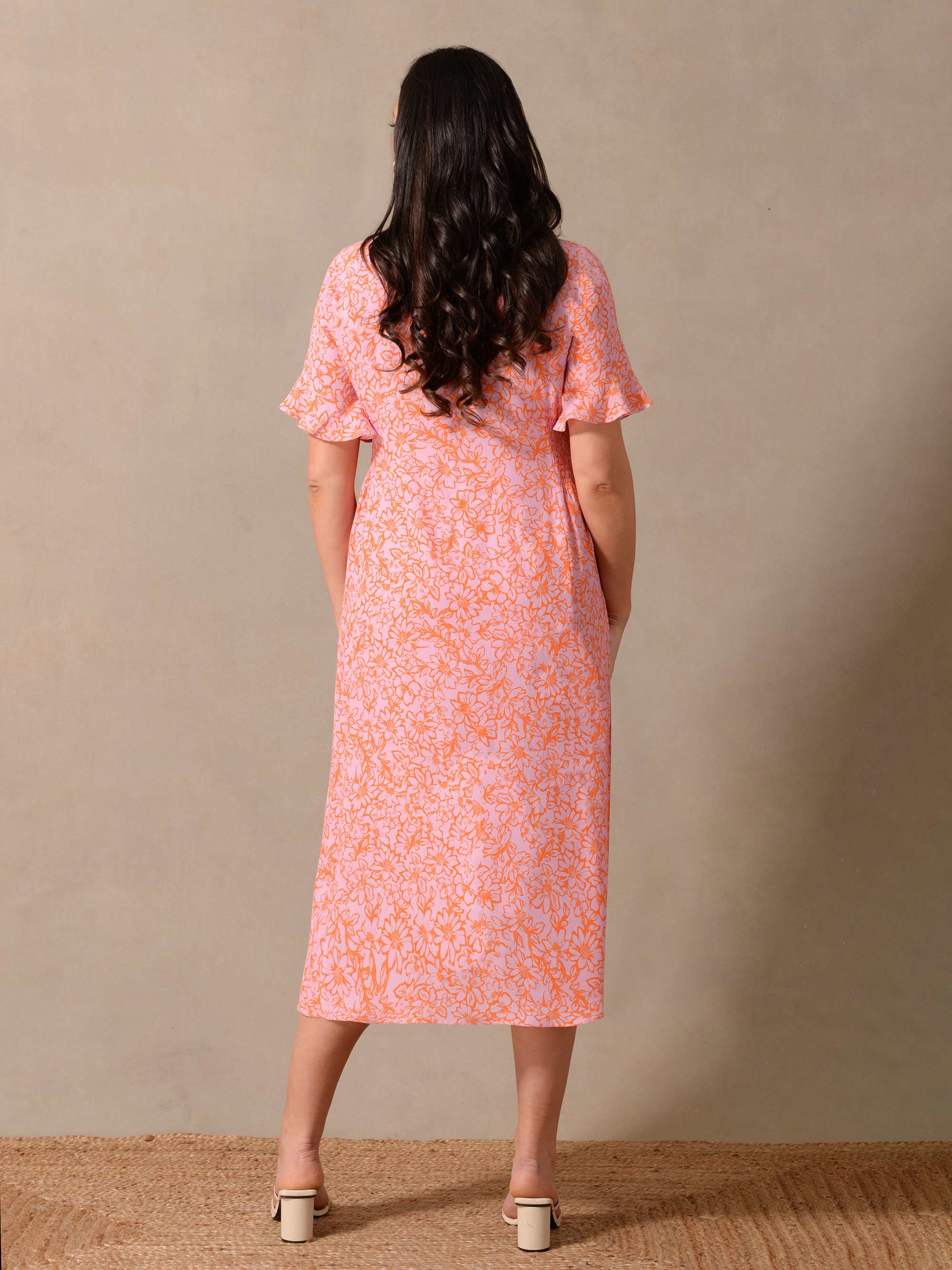 Orange Floral Shirred Waist Midi Dress - Image 6