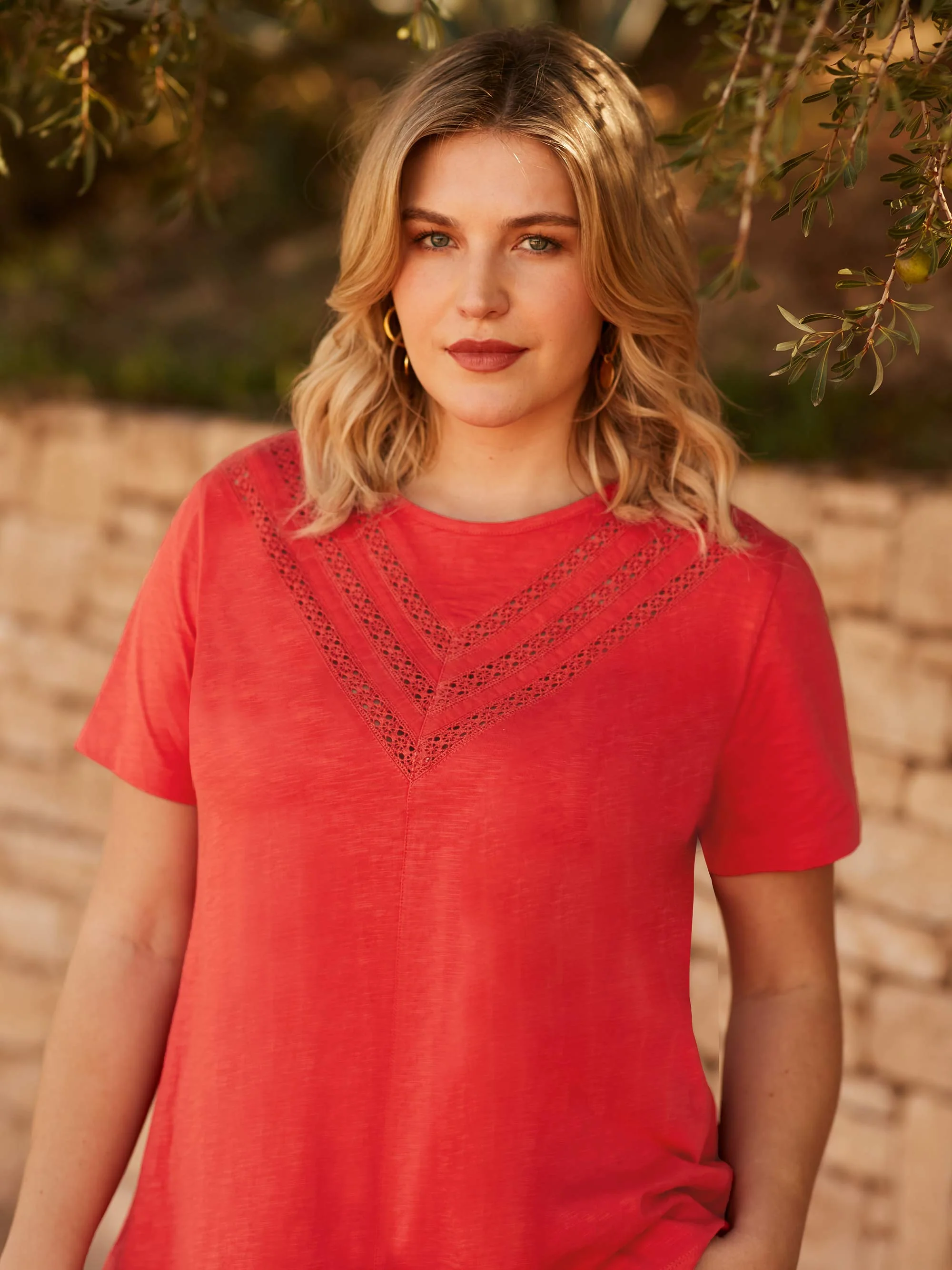 Orange Jersey Broderie V-Neck Top - Image 2