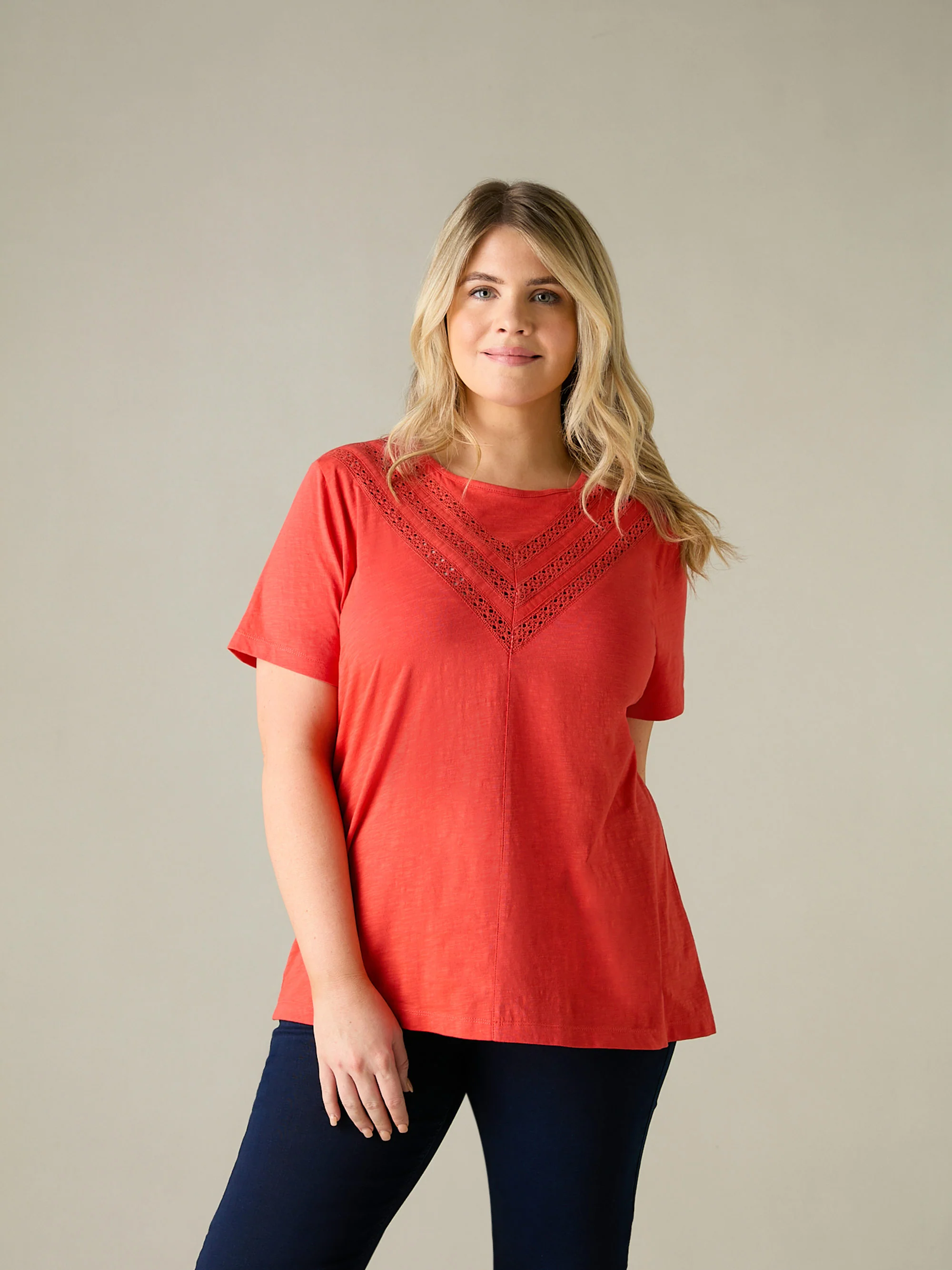 Orange Jersey Broderie V-Neck Top - Image 3