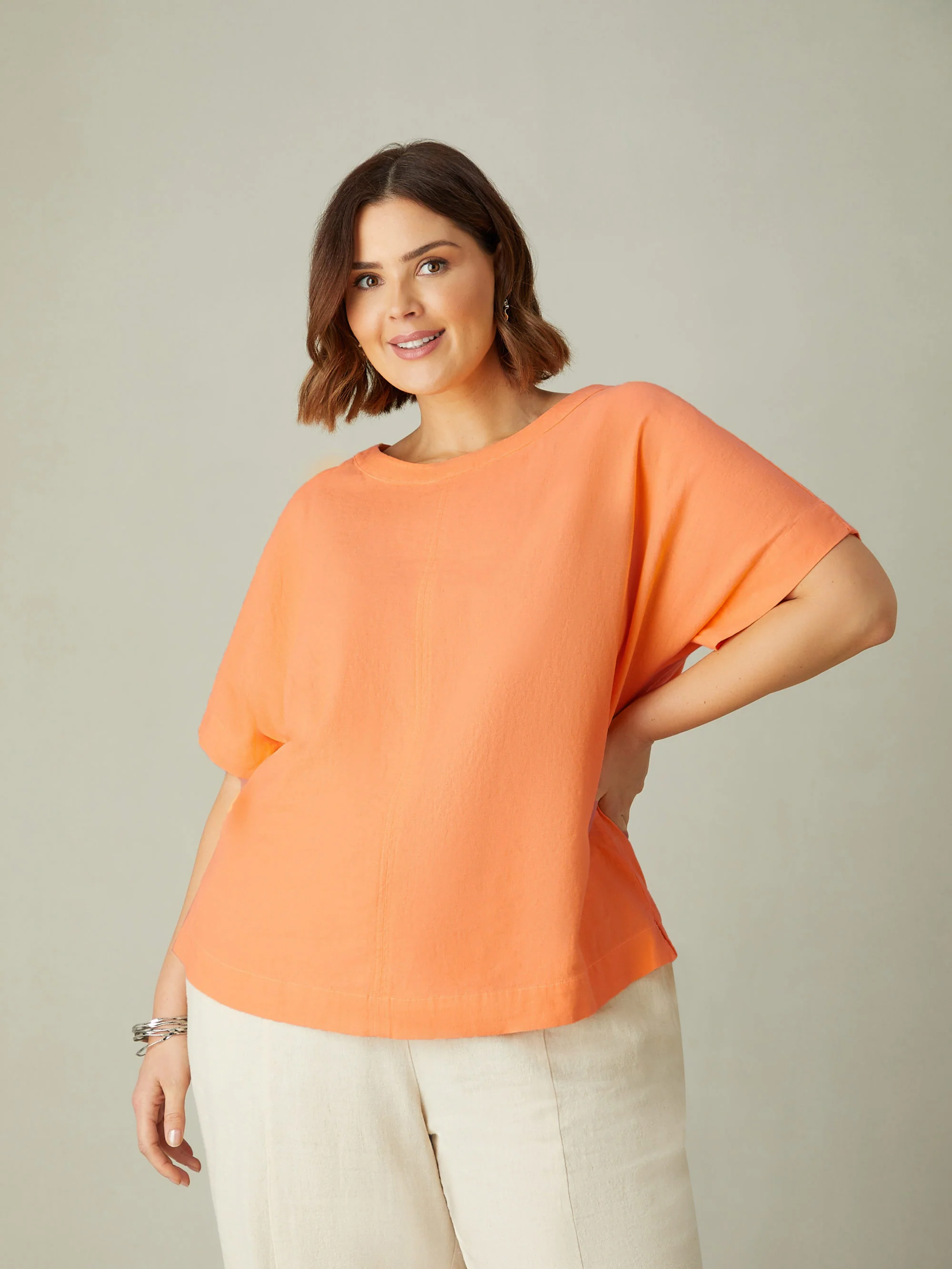Orange Linen Mix Round Neck Top - Image 2